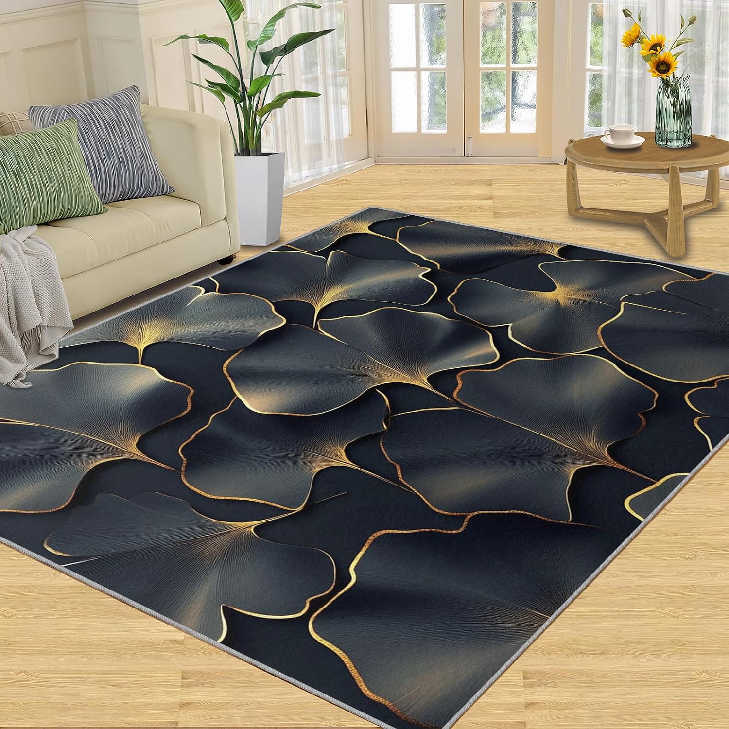 Ginkgo Leaves Rugs for Bedroom - 6x8 Rug, Black Gold Leaves Area Rugs for Living Room, Modern Luxury Carpet, Botanical Washable Area Mat, Plant Carpet, Ginkgo Leaf Home Decor & Gifts