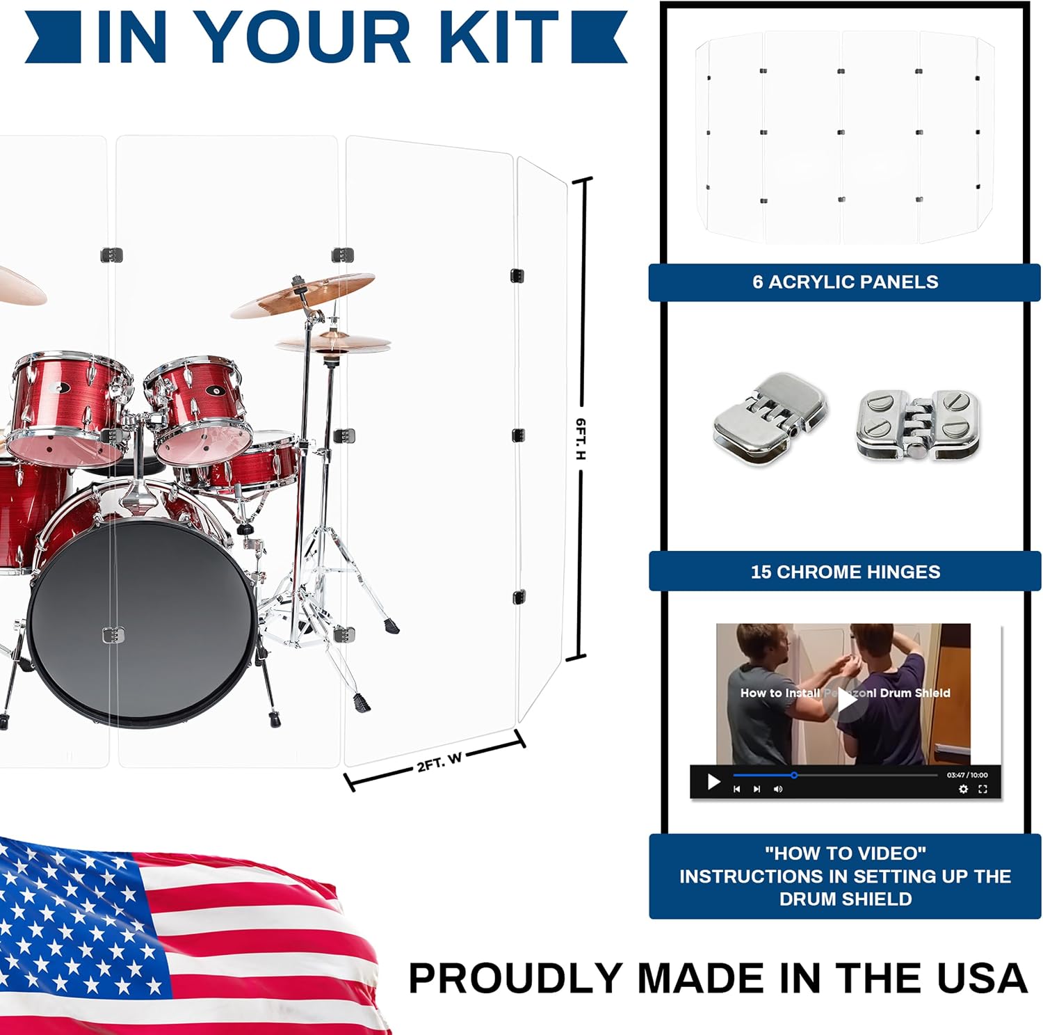 PENNZONI Drum Shield 6ft with Chrome Hinges, Comes w/ 6 Drum Panels, & Chrome Hinges, Premium Clear Acrylic Panels, Drum Screen