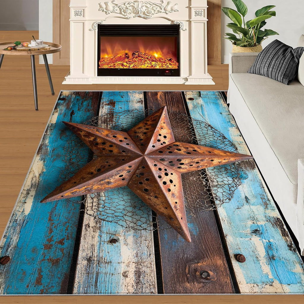 Western Texas Stars Rugs for Bedroom - 6x8 Rug, Rustic Vintage Area Rugs for Living Room, Farmhouse Carpet, Western Washable Mat, Texas Stars Home Decor & Gifts