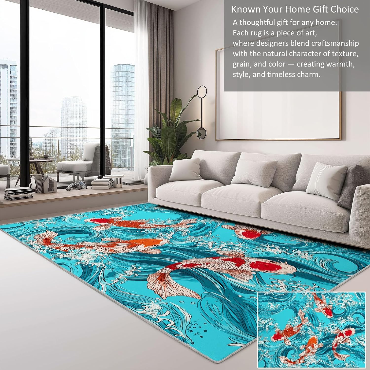 Water Waves Animals Fish Print Area Rug 5 x 7 ft for Living Room, Soft Washable Carpet for Bedroom Japanese Art Style Non-Slip Rug - Stain Resistant Carpets for Kids Playroom Classroom Dining Room