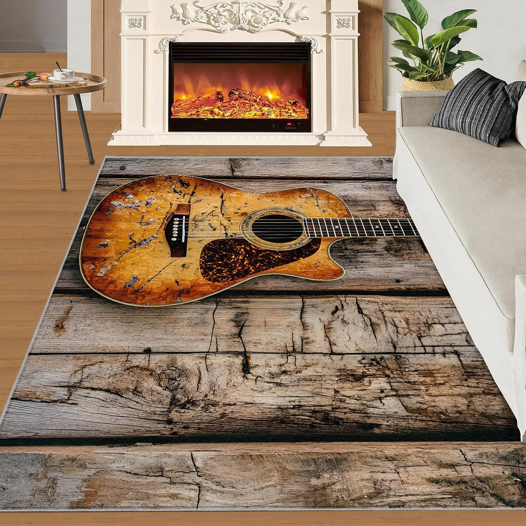 Guitar Area Rug 6x8, Country Guitar Rugs for Living Room, Music Bedroom Rug, Machine Washable Rugs for Sofa Kitchen Dining, Non-Slip Home Decor Carpet