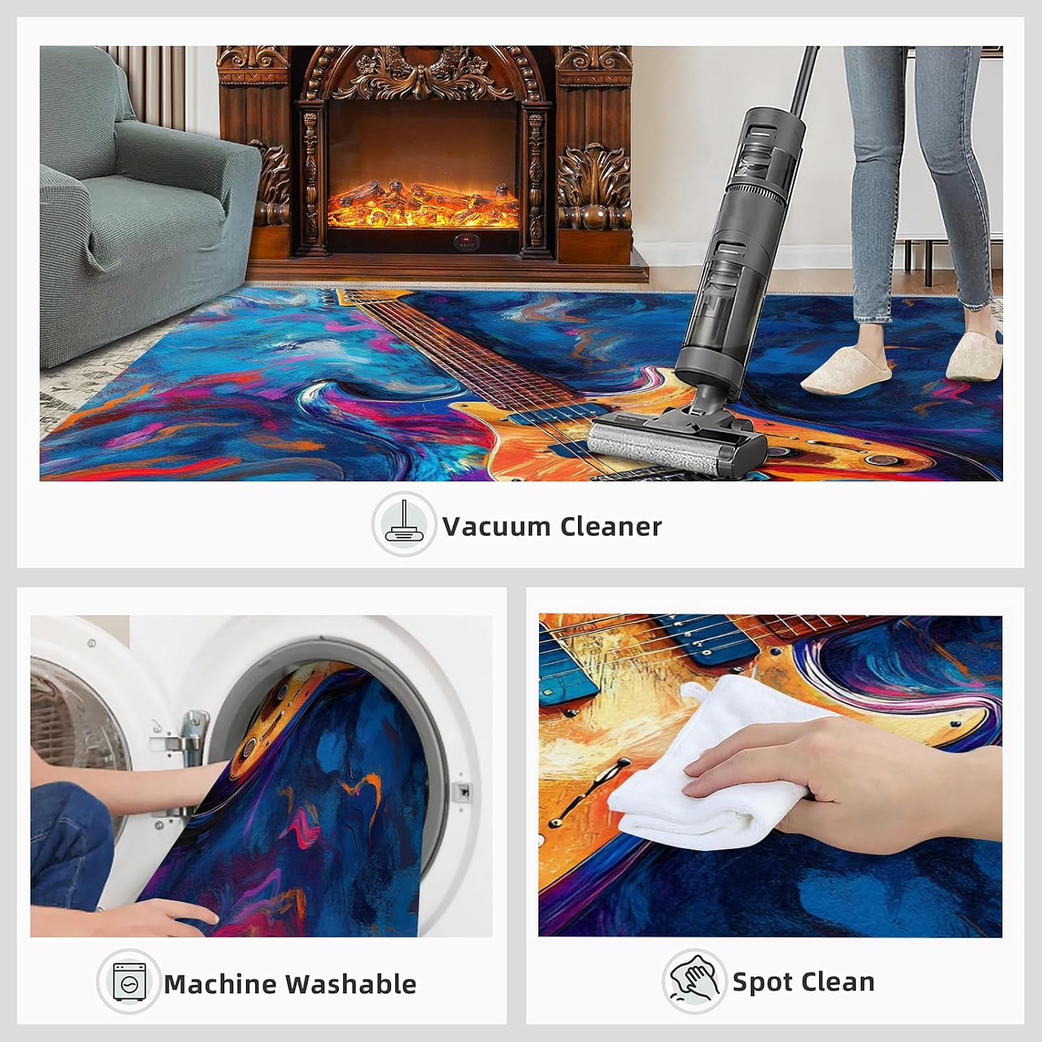 Electric Guitar Area Rugs for Living Room, Rock Guitar Rug 8x10, Colorful Music Bedroom Rugs Washable & Non Slip Large Carpet for Home Decor