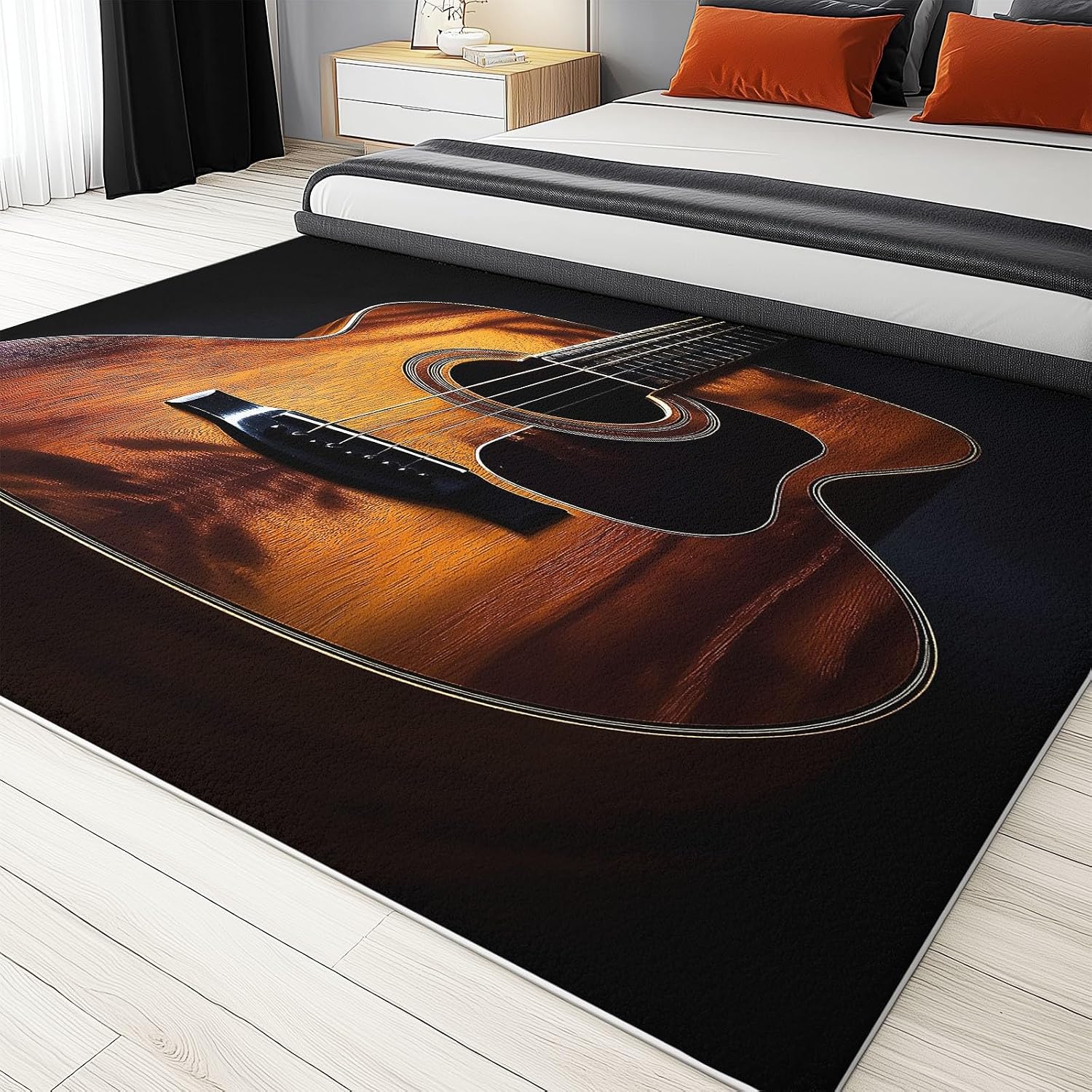 Washable Area Rugs 5x7 ft Musical Instrument Guitar Black Living Room Rug Non-Slip Indoor Floor Carpet for Bedroom Nursery Kids Playroom Office Dining Room Home Decor