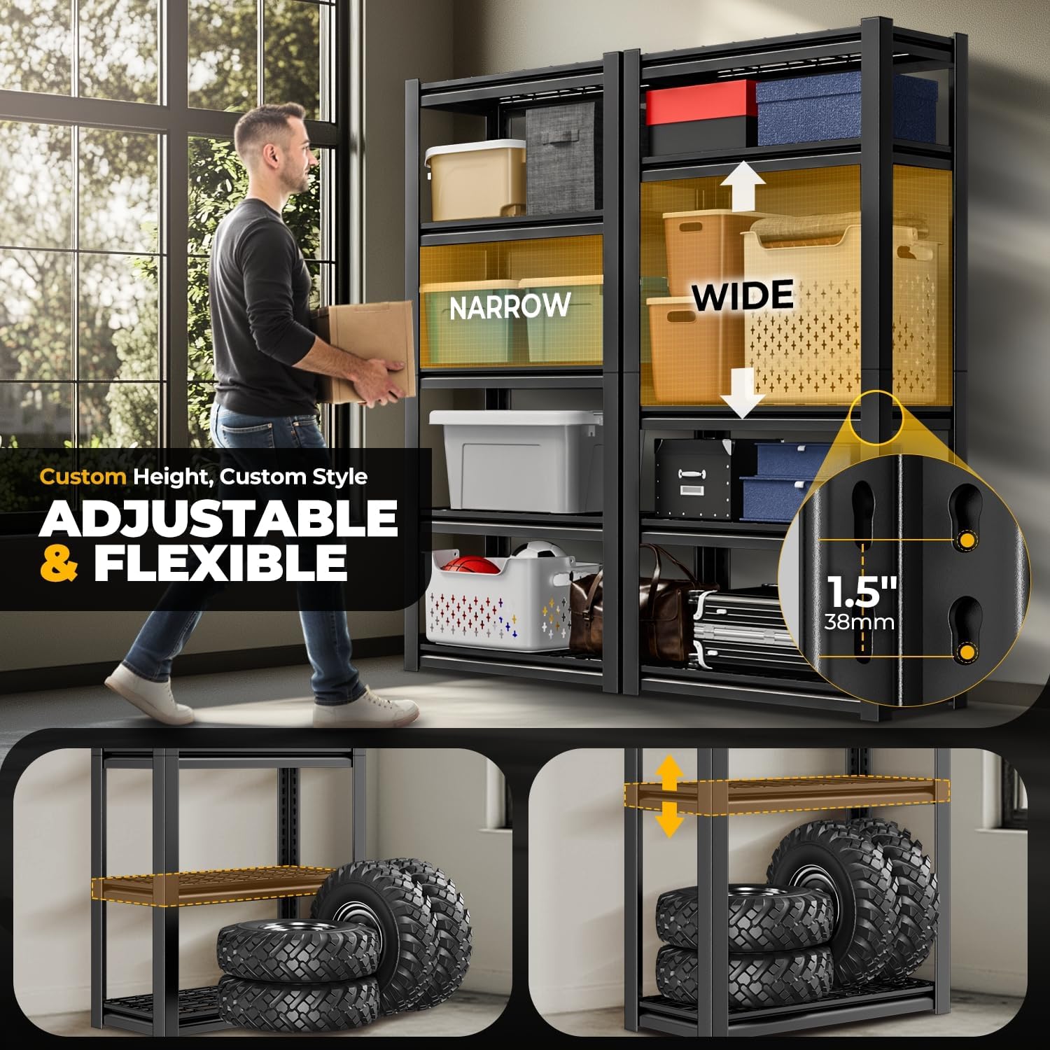Auto Dynasty 5-Tier Storage Shelves Set of 3, 72' H (3000LBS Capacity) Adjustable Garage Shelving, Metal Storage Utility Rack Shelf Unit for Pantry Kitchen Warehouse, 72' H x 35' W x 16' D, Black