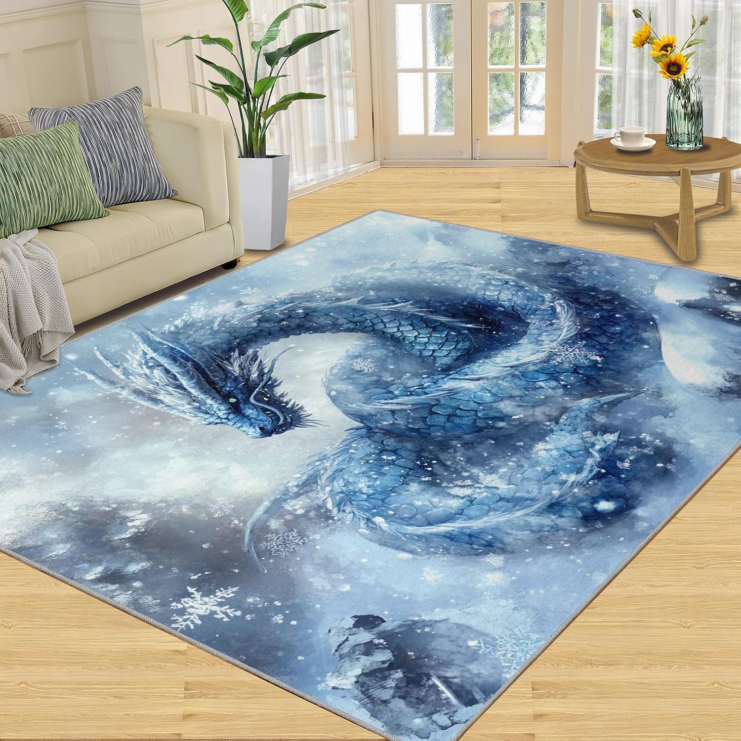 Asian Dragon Rug 6x8, Ice Dragon Rugs for Girls Room, Fantasy Rugs for Bedroom, Washable Area Rug for Bedside Dining Room Kitchen Floor Mat