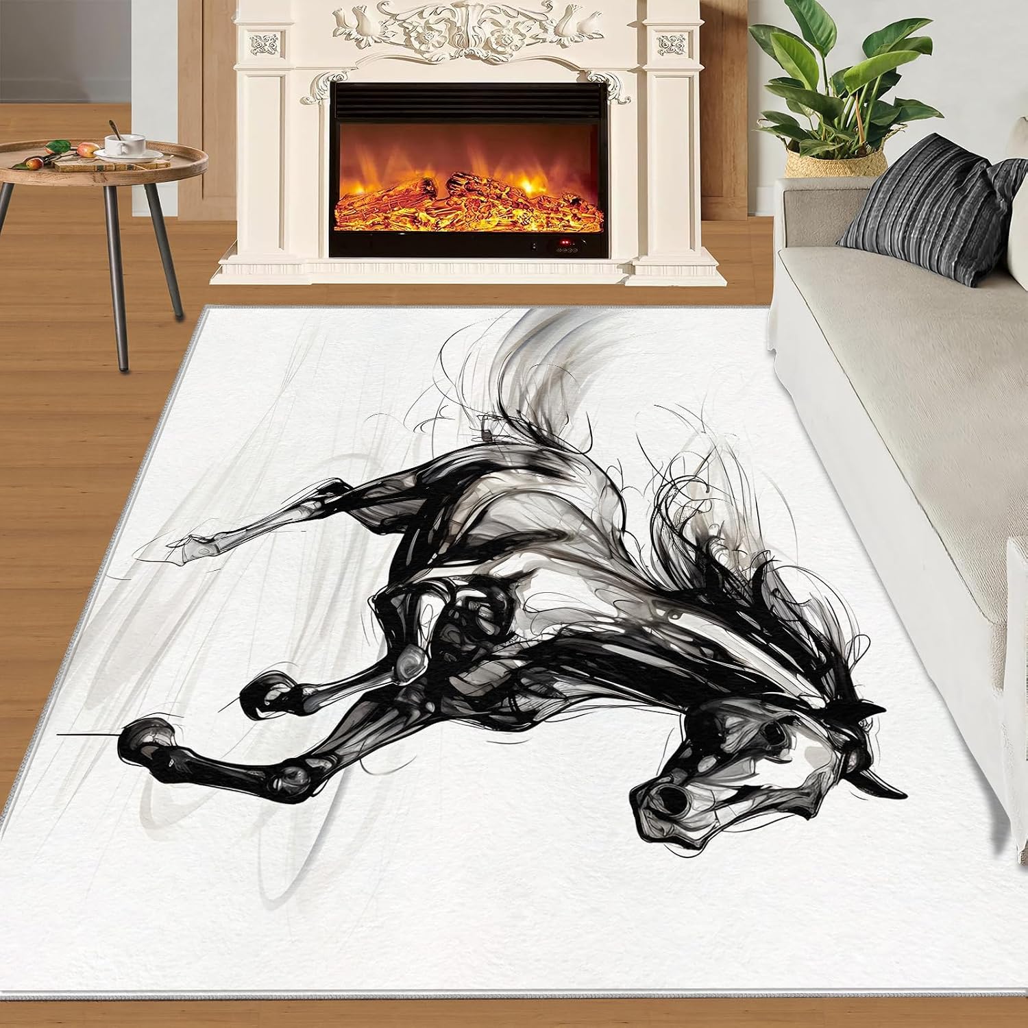 6x8 Rug Black Ink Horse Area Rugs, Ink Animal Horse Soft Washable Carpet, Upholstery Rug with Non-Slip Backing for Kids Boys Girls Bedroom Living Room Dining Room Study