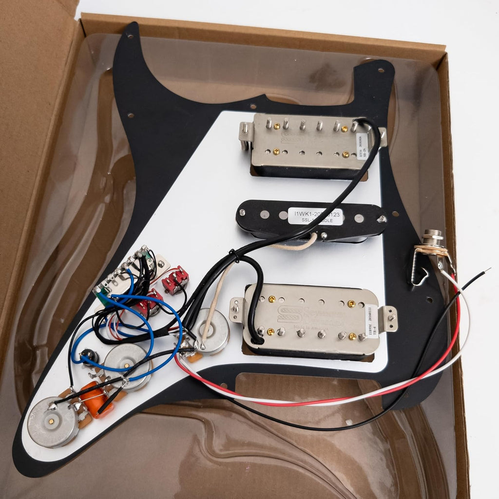 Guitar Prewired Loaded Pickguard for ST Alnico 5 Humbucker Pickups Set with 2 Coil Split Push-Pull Switches & Boost – Prewired Upgrade Harness for USA/Mexico Strat Guitars (Black)