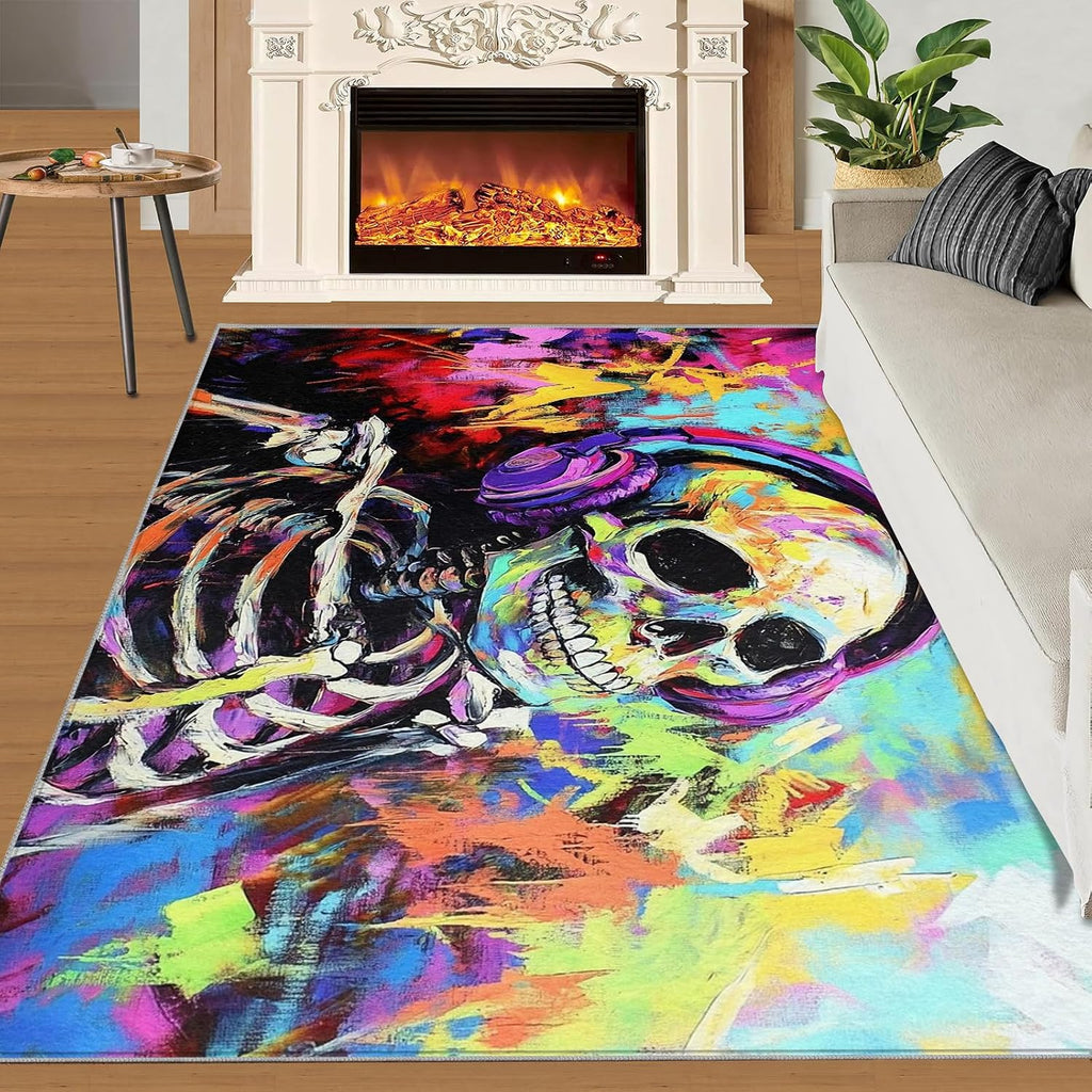 Skeleton Rugs for Bedroom - 6x8 Rug, Graffiti Area Rugs for Living Room, Gothic Skull Carpet, Halloween Carpet, Washable Mat, Skull Home Decor & Gifts