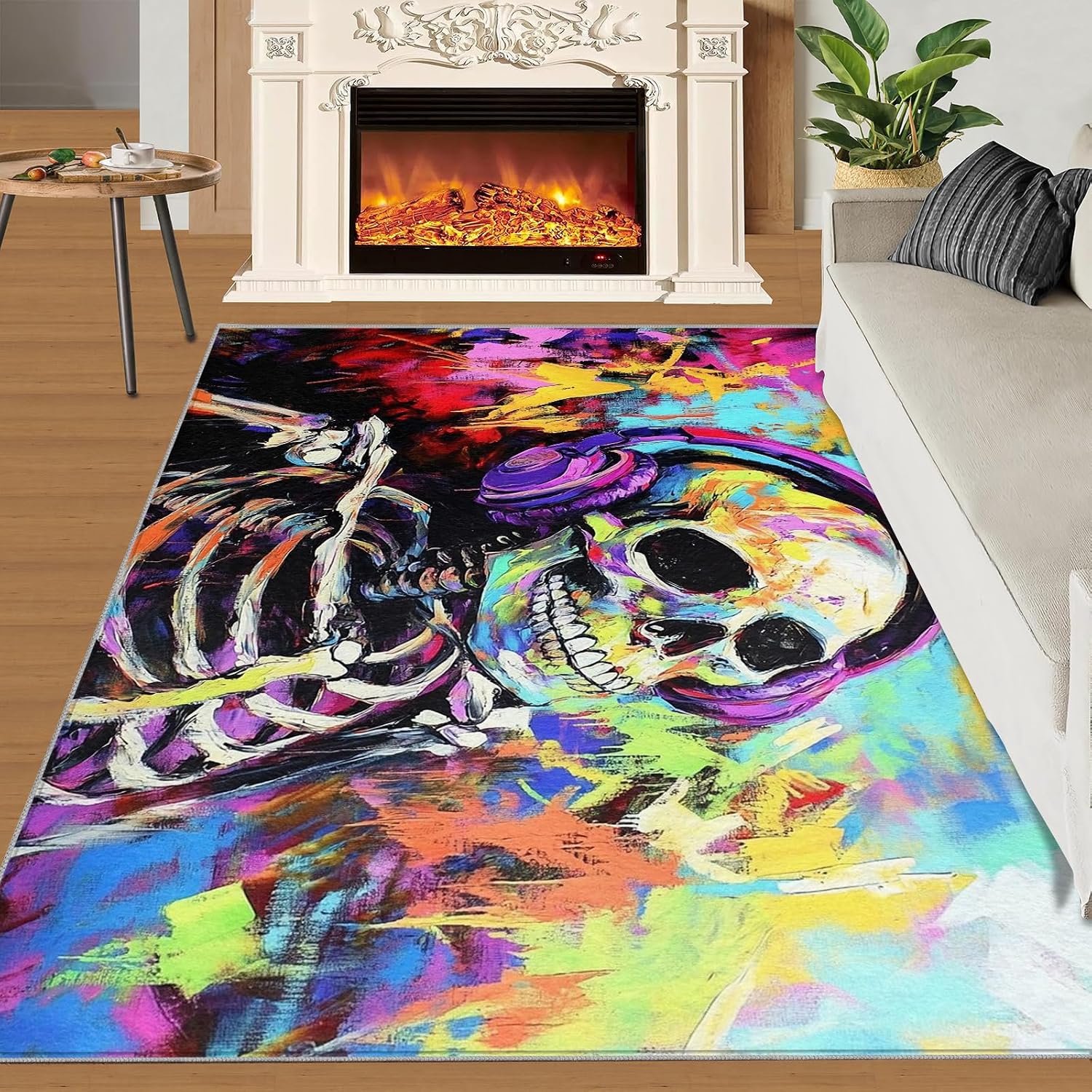 Skeleton Rugs for Bedroom - 6x8 Rug, Graffiti Area Rugs for Living Room, Gothic Skull Carpet, Halloween Carpet, Washable Mat, Skull Home Decor & Gifts