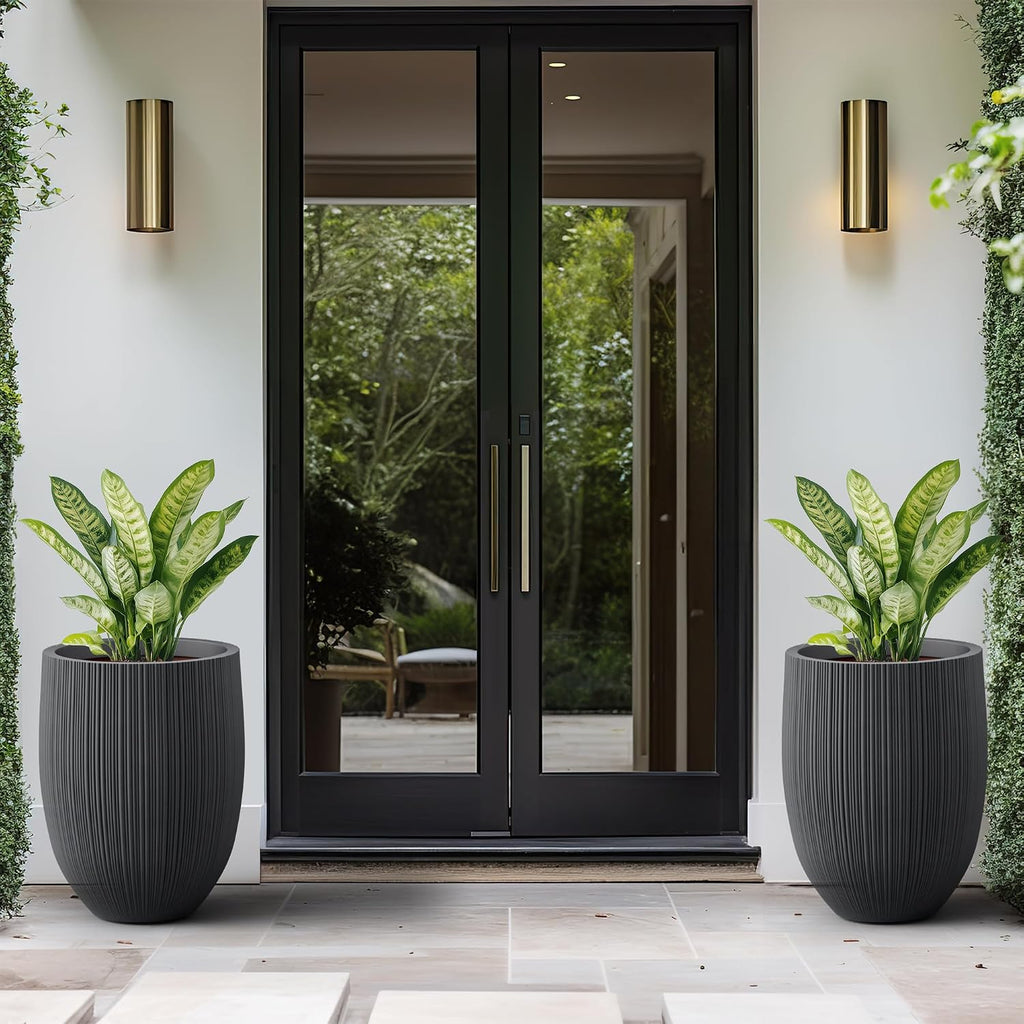 Kante 21.6 Inch Tall Concrete Planter, Large Indoor Outdoor Plant Pot with Drainage, Fluted Black Finish with Painted Interior, Ideal for Porch, Home, Garden, Patio