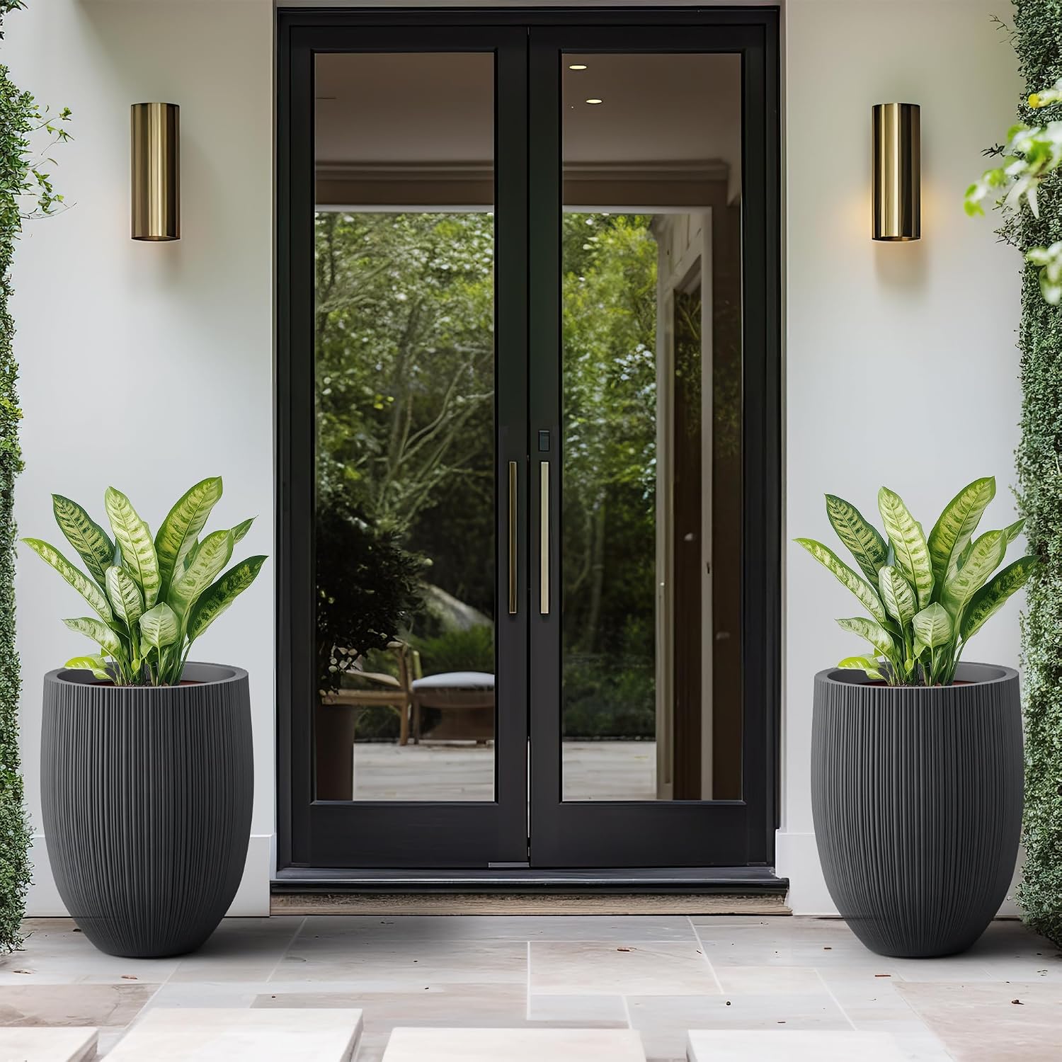 Kante 21.6 Inch Tall Concrete Planter, Large Indoor Outdoor Plant Pot with Drainage, Fluted Black Finish with Painted Interior, Ideal for Porch, Home, Garden, Patio