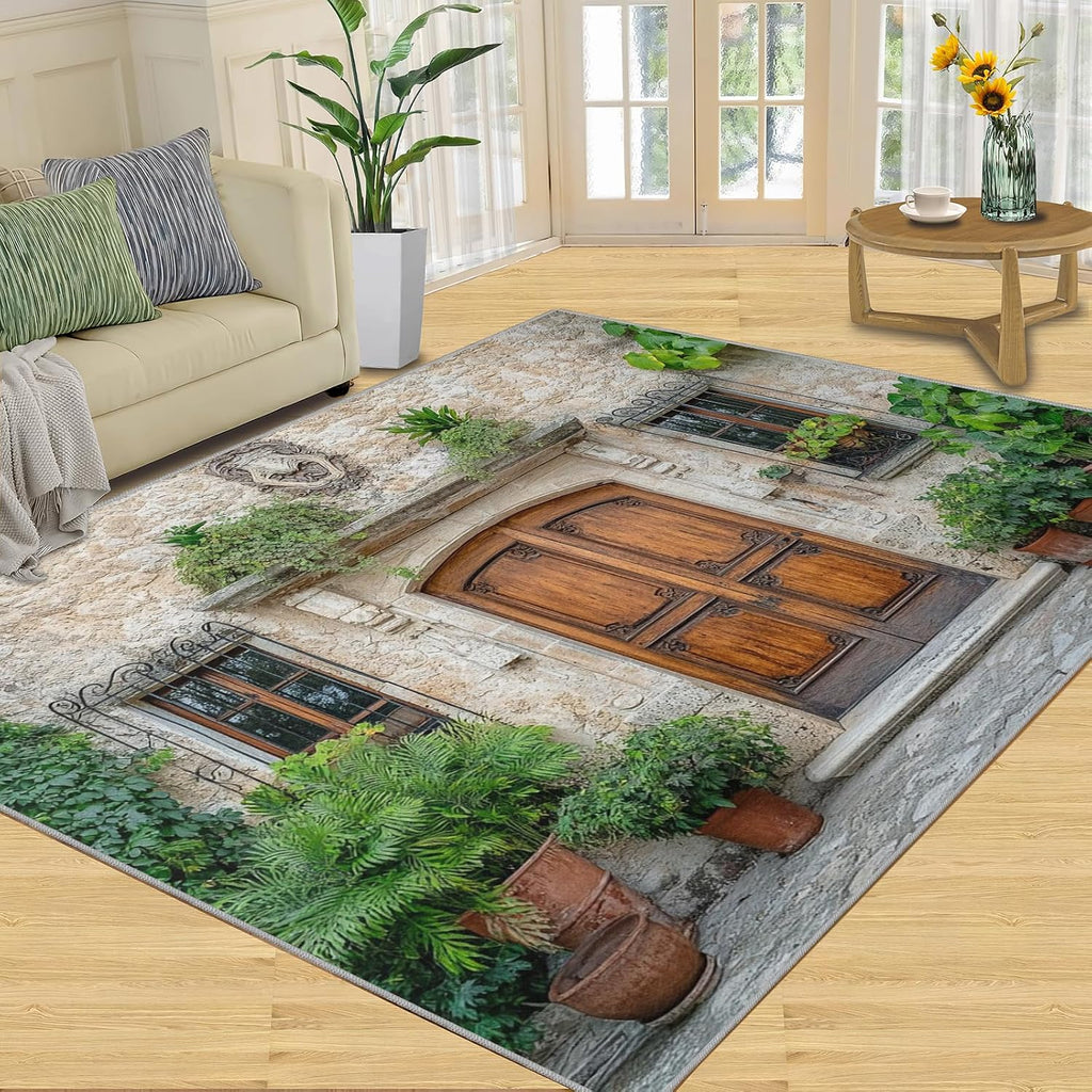 Tuscany Italy Rug 6x8-6x8 Rug, Barn Door Area Rugs for Bedroom, Green Plants Rugs for Living Room, Farmhouse Washable Mat, Italian Street Carpet, Italy Home Decor & Gifts