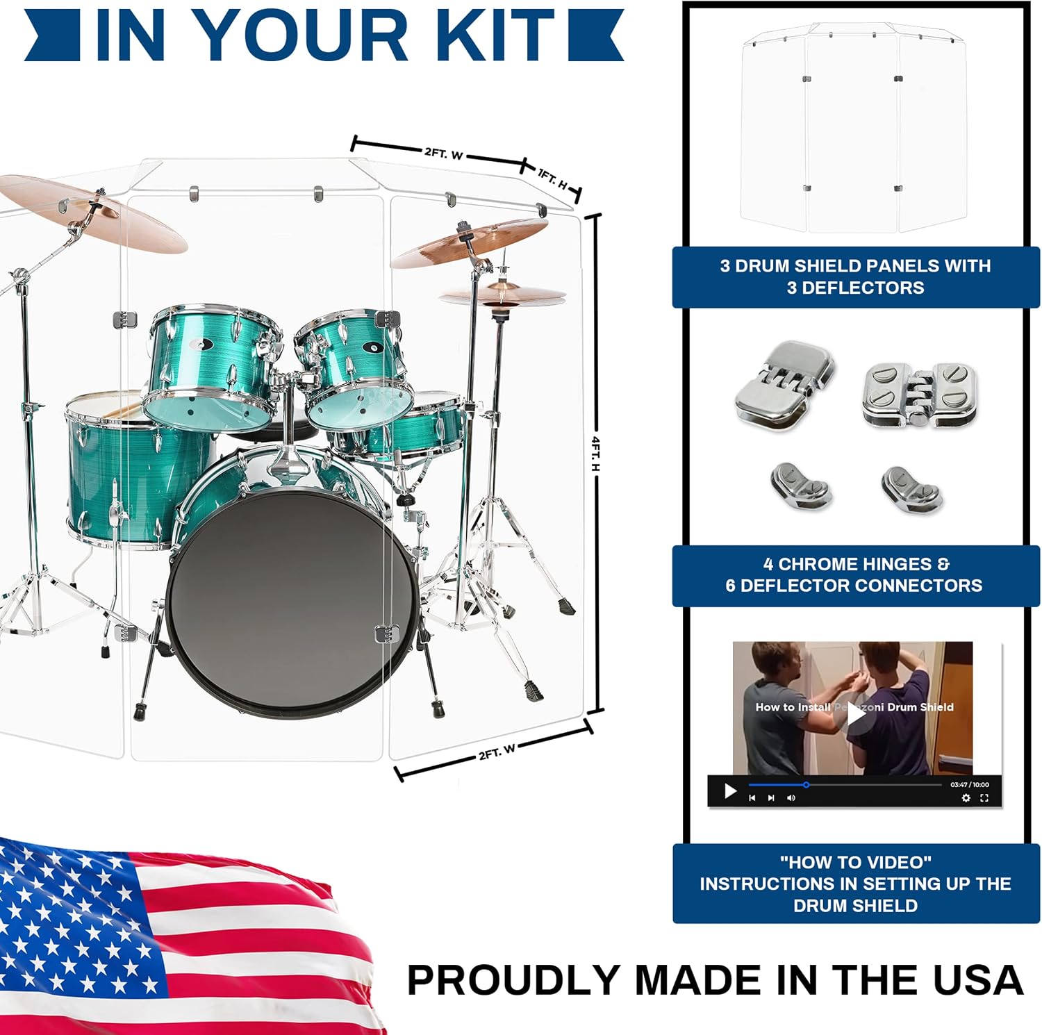 PENNZONI Drum Shield 4ft w/Deflectors & Chrome Hinges, Comes w/ 3 Drum Panels, 3 Deflectors, Chrome Hinges & Deflector Connectors, Premium Clear Acrylic Panels