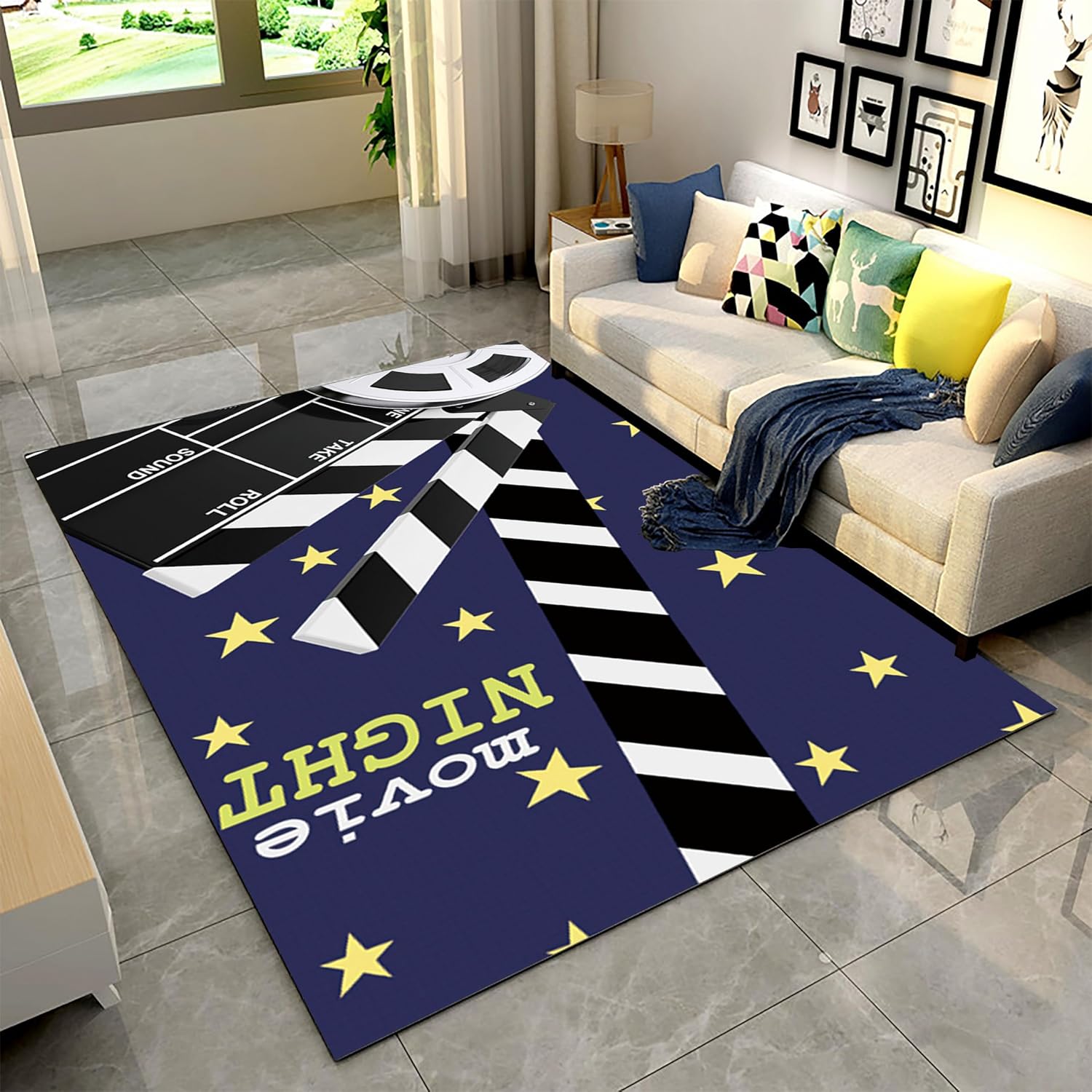 Movie Clapboard Area Rug,6x8ft,On Purple Background Have Film Reel Pattern Rug,for Boys Teens, Vintage Film Clapper Theme Non Slip Carpet, Home Theater Movie Theater Cinema Decorative Rug