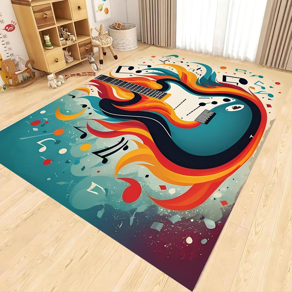 Burning Guitar Music Area Rugs，6x8ft Modern Music Lover Large Rugs, Indoor Non-Slip Kids Rugs, Machine Washable Breathable Durable Carpet for Welcoming Entrance Bedroom Floor Decor