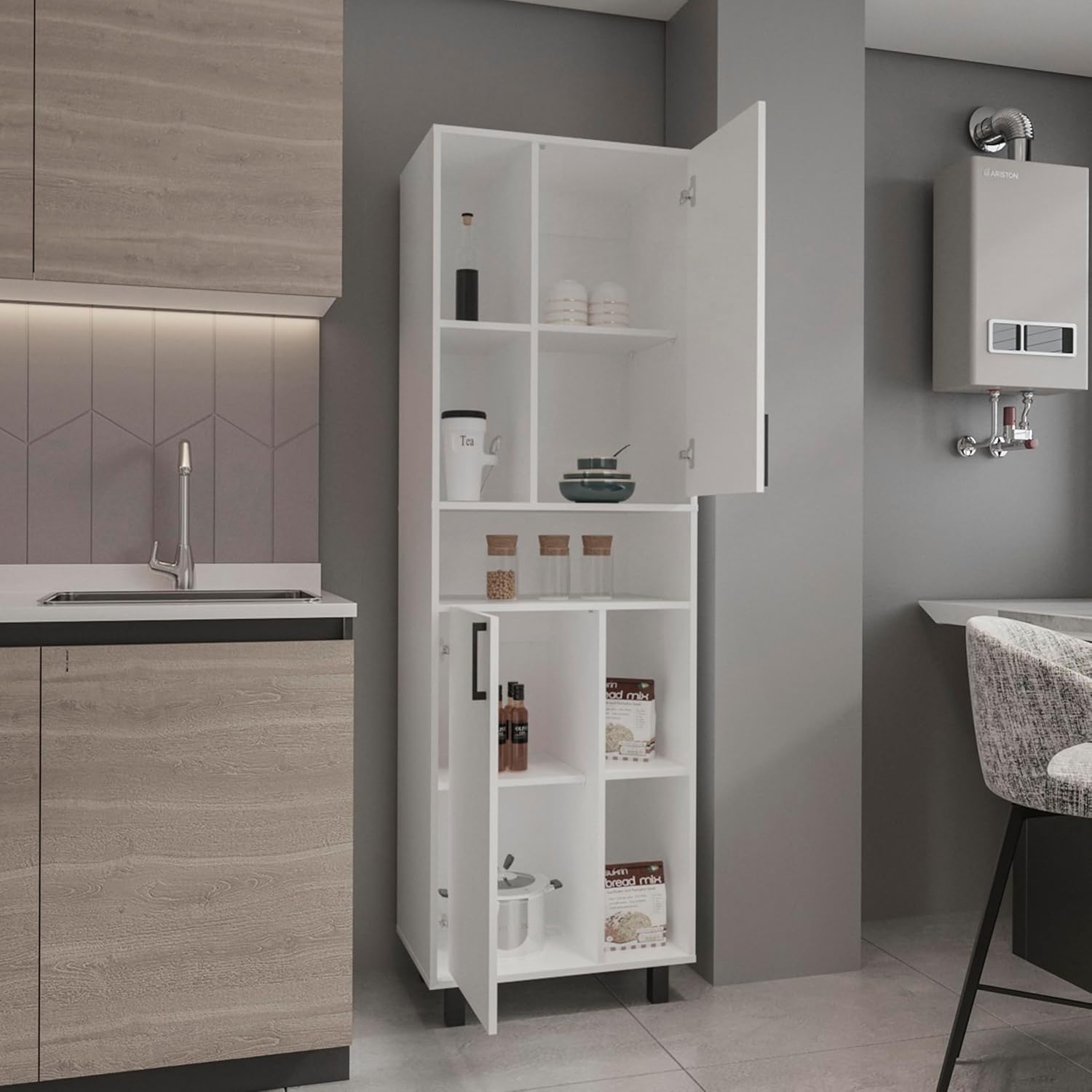 75' Vertical Freestanding Storage Cabinet, Kitchen Storage Bakers Rack with Double Doors, Utility Food Cupboard with Multi-Shelves for Kitchen, Apartment, White