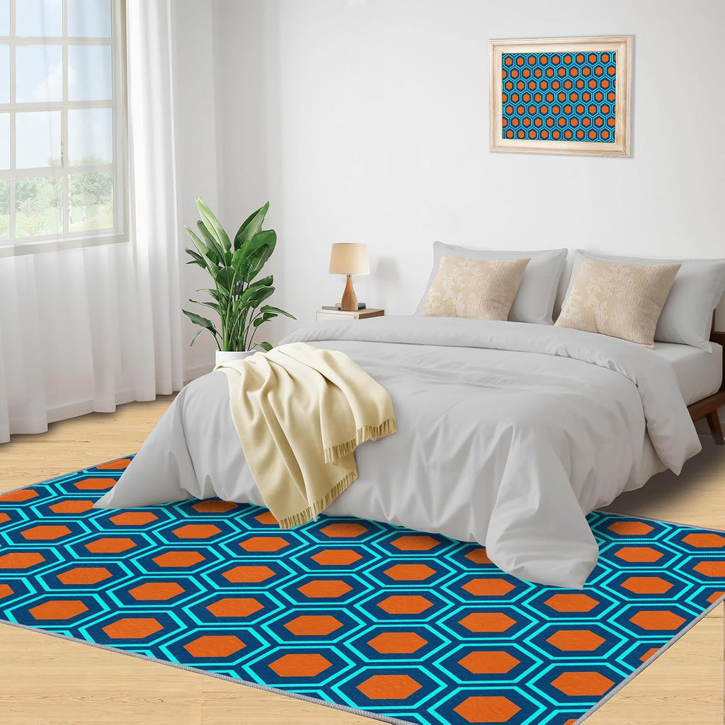 Mid-Century Geometry Art Area Rug, Orange Blue Hexagon Rugs for Living Room, Indoor Non-Slip Kids Rugs, Machine Washable Breathable Durable Carpet for Front Entrance Floor Decor,6 x 8ft