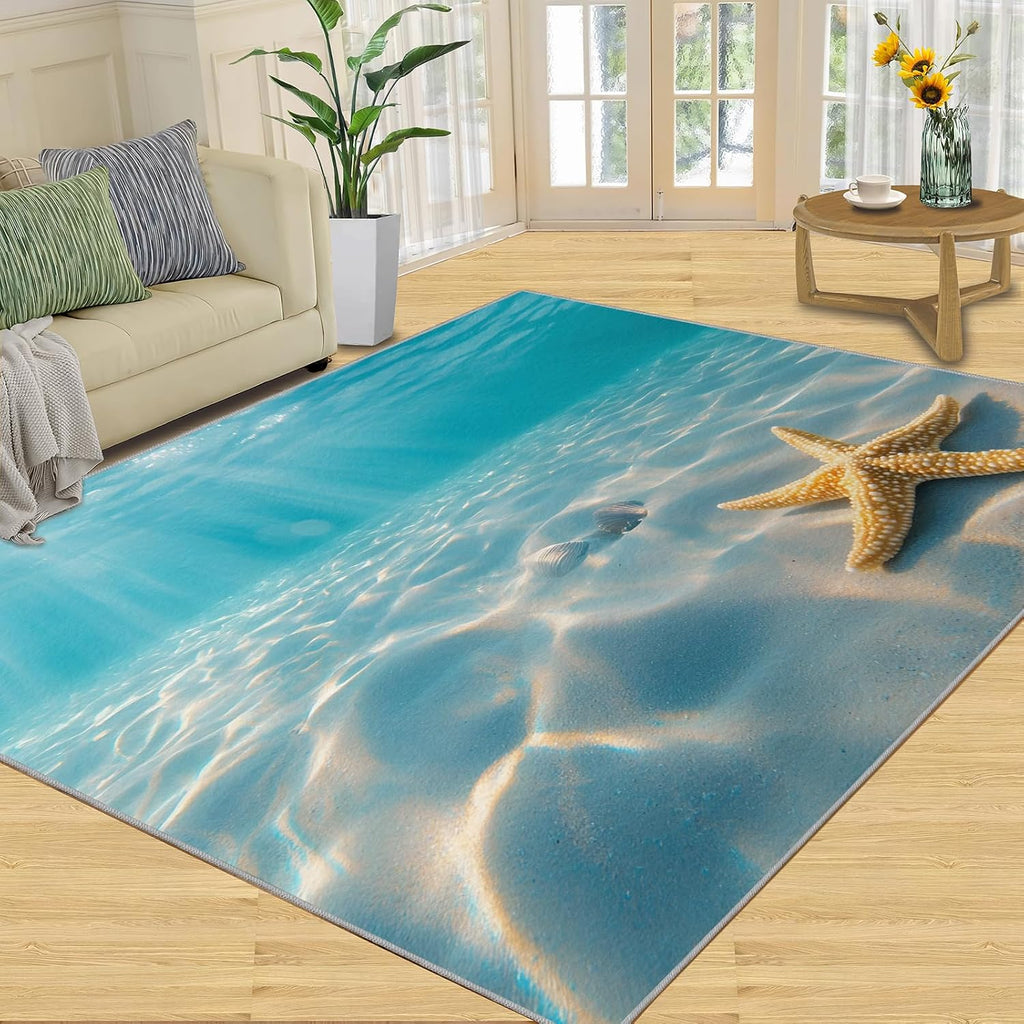 Coastal Starfish Rugs for Bedroom - 6x8 Rug, Nautical Coastal Area Rugs for Living Room, Underwater Carpet, Ocean Washable Area Mat, Tropical Sea Carpet, Beach Home Decor & Gifts