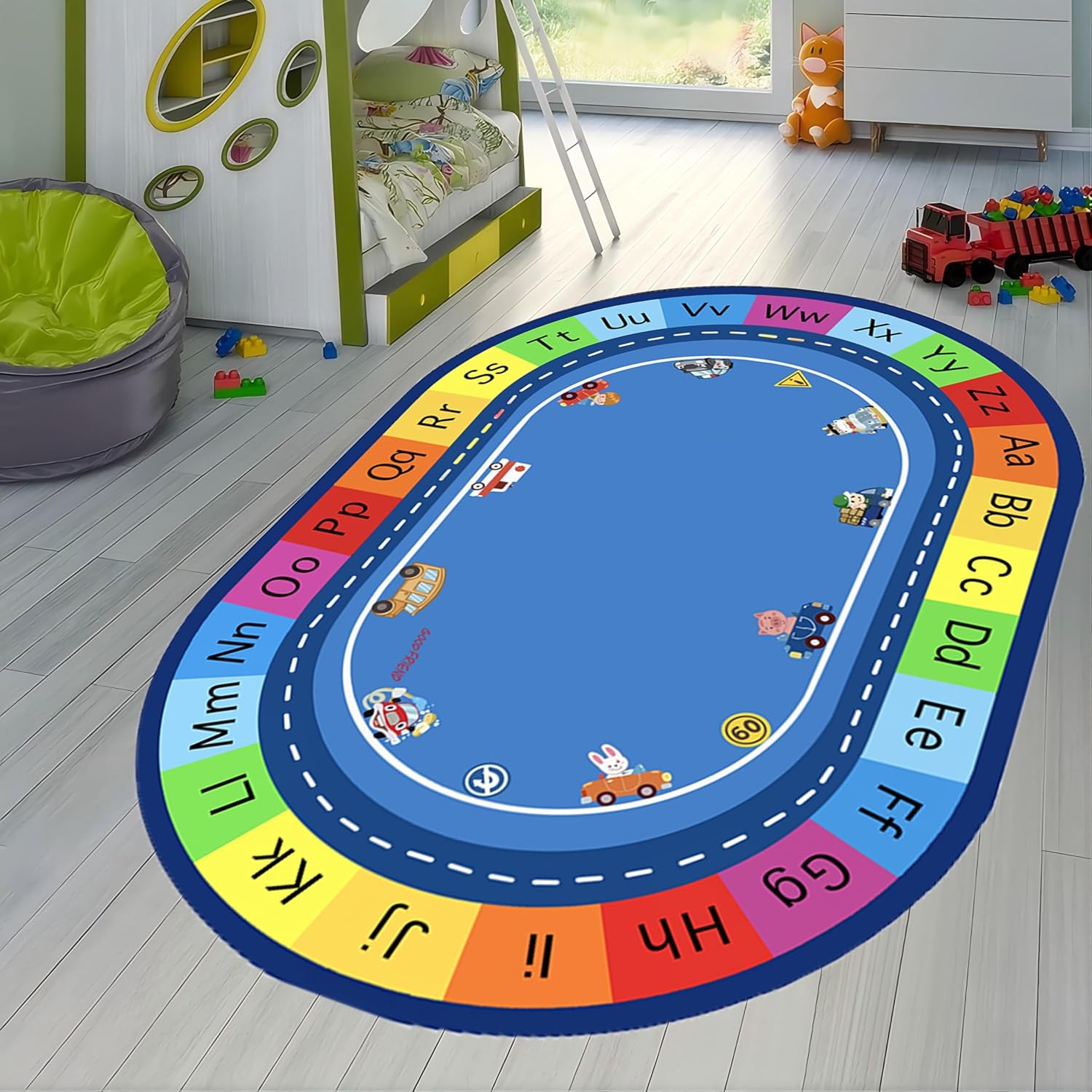 Large Oval Kids Play Rug,6x8ft,ABC Alphabet Numbers Car Puzzle Fun Classroom Rug, Washable Bedroom Play Rug with Non-Slip Backing for Kids Room, Nursery and Baby Playroom