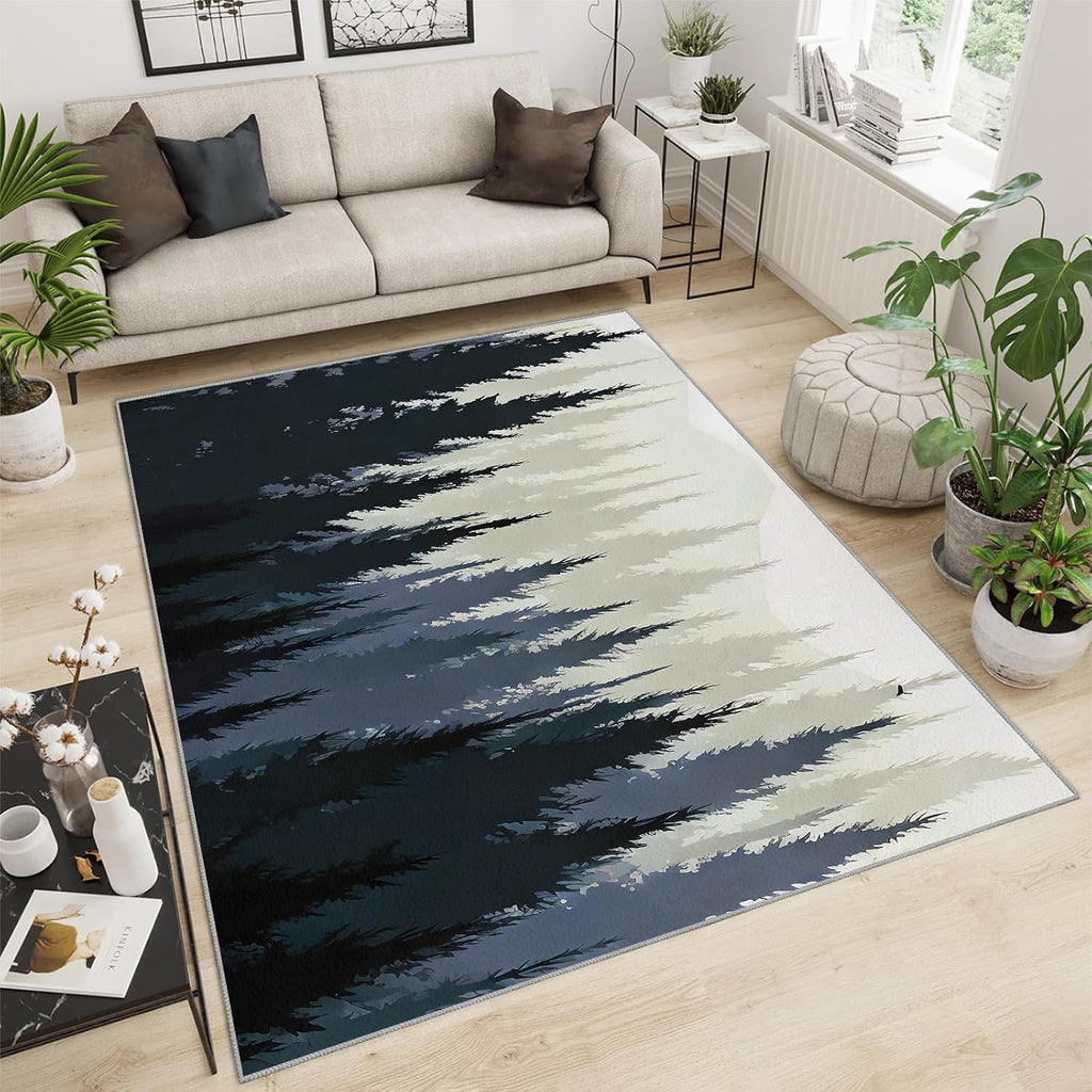 Forest Landscape Area Rug, Forest Mountain Shadows Rugs for Living Room, Indoor Non-Slip Kids Rugs, Machine Washable Breathable Durable Carpet for Front Entrance Floor Decor,6 x 8ft