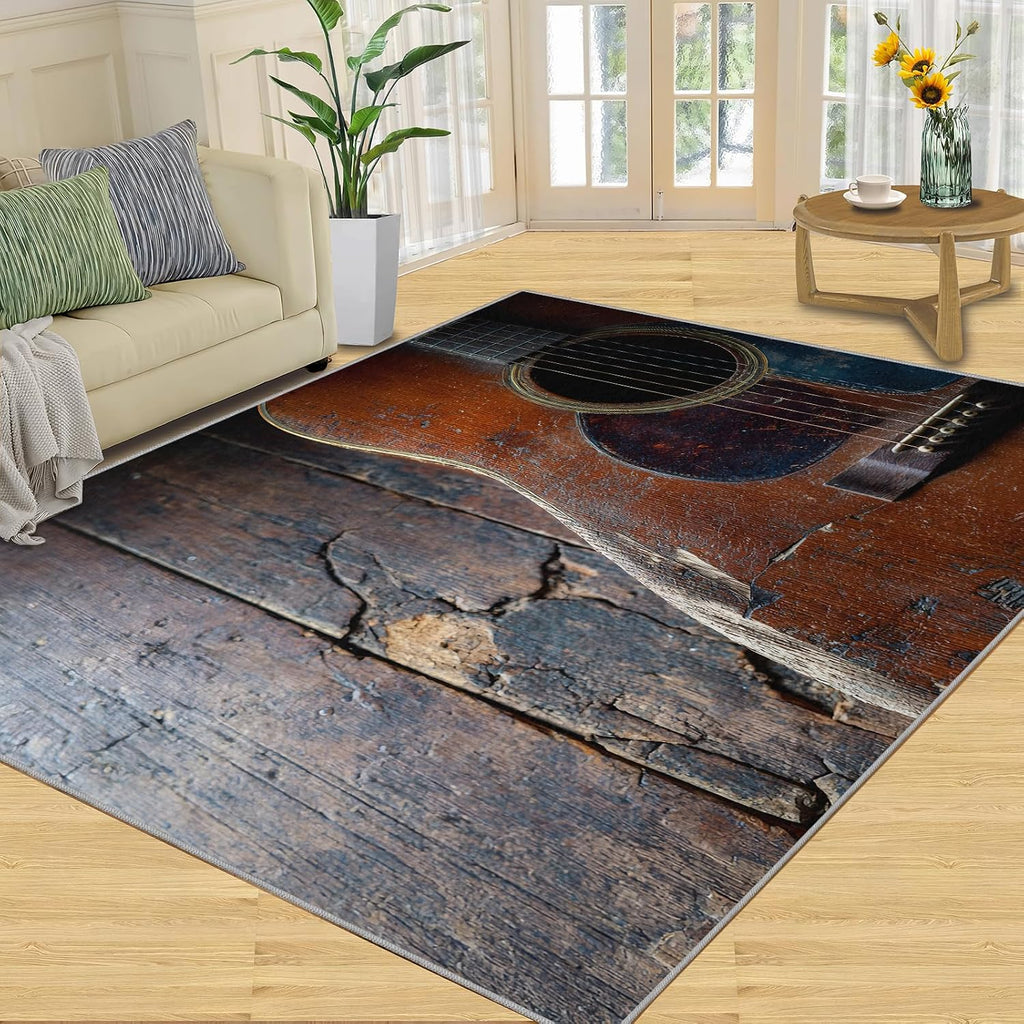 Guitar Kids Rugs for Bedroom, Acoustic Guitar Rug 6x9, Vintage Instrument Area Rug Washable & Non Slip Large Carpet for Home Decor