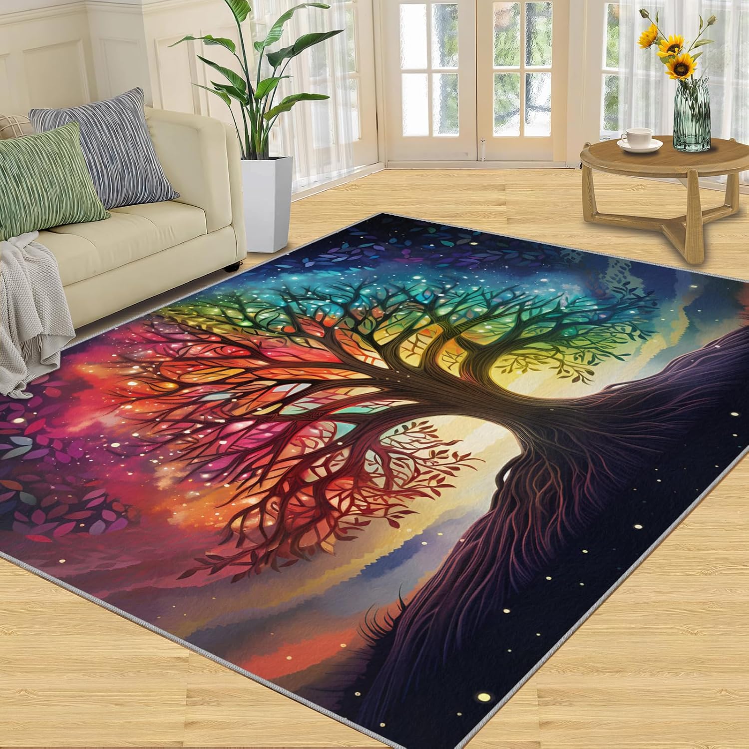 Colorful Life Tree Rug for Kids Room - 6x8 Large Rug, Boho Aurora Starry Galaxy Rugs for Bedroom Fantasy Tree Area Rugs for Living Room Home Decor Washable Rug