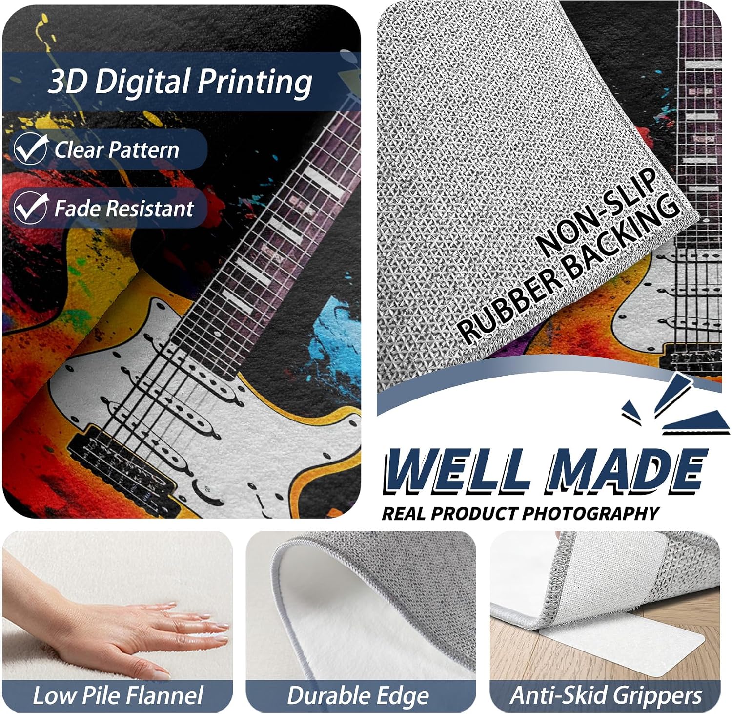 Guitar Area Rug, 5x7 Rug for Bedroom, Boys Rock Music Colorful Graffiti Washable Rugs for Living Room, Non Slip Soft Low Pile Stain Resistant Carpet, Guitar Room Decor