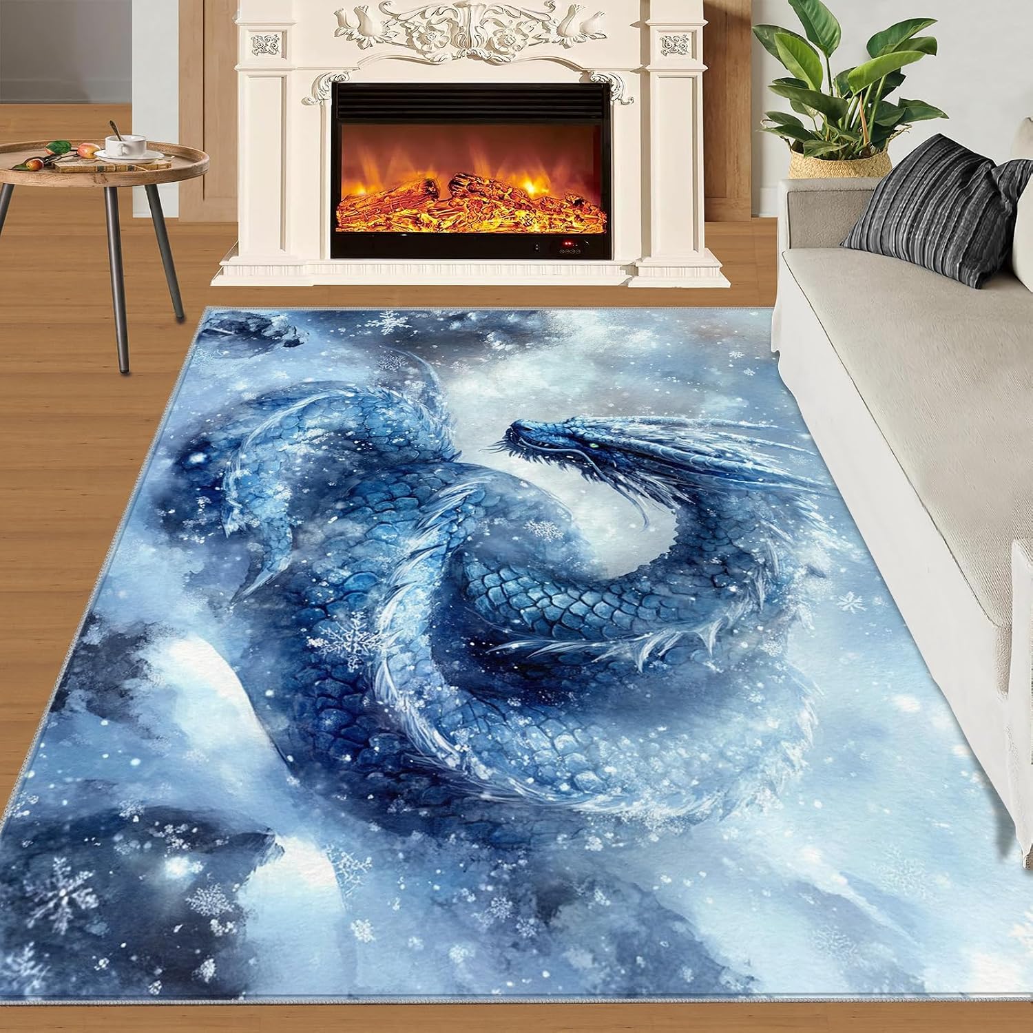 Asian Dragon Rug 6x8, Ice Dragon Rugs for Girls Room, Fantasy Rugs for Bedroom, Washable Area Rug for Bedside Dining Room Kitchen Floor Mat