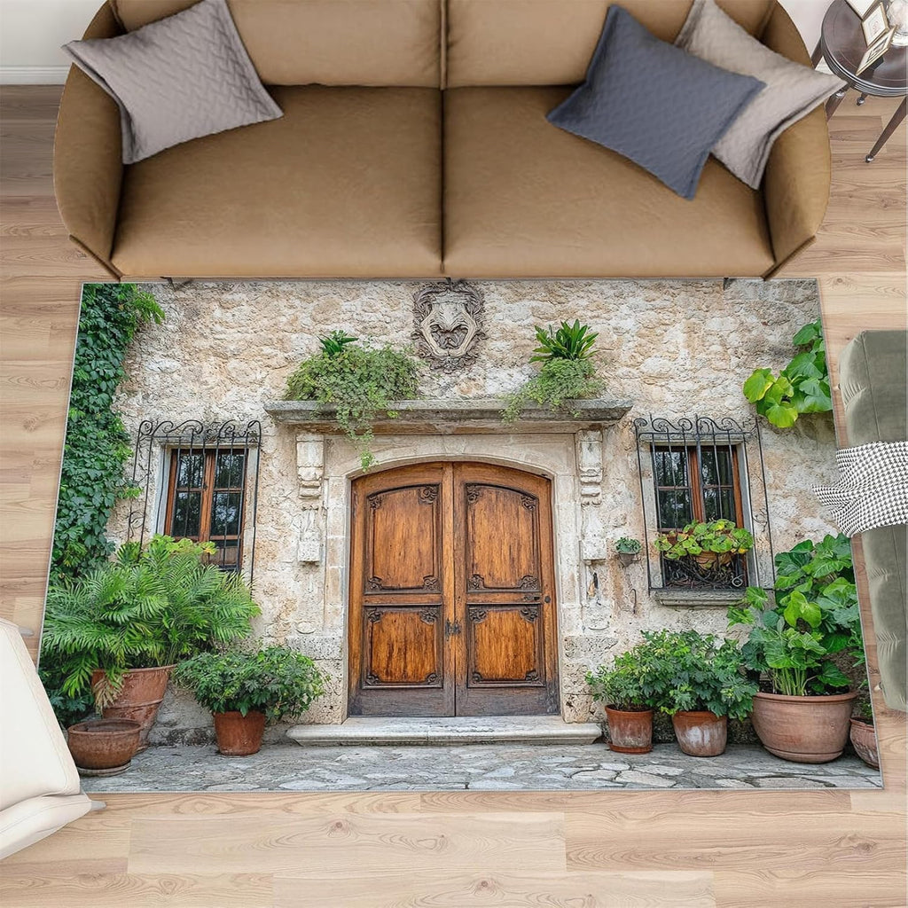 Tuscany Italy Rug 6x8-6x8 Rug, Barn Door Area Rugs for Bedroom, Green Plants Rugs for Living Room, Farmhouse Washable Mat, Italian Street Carpet, Italy Home Decor & Gifts
