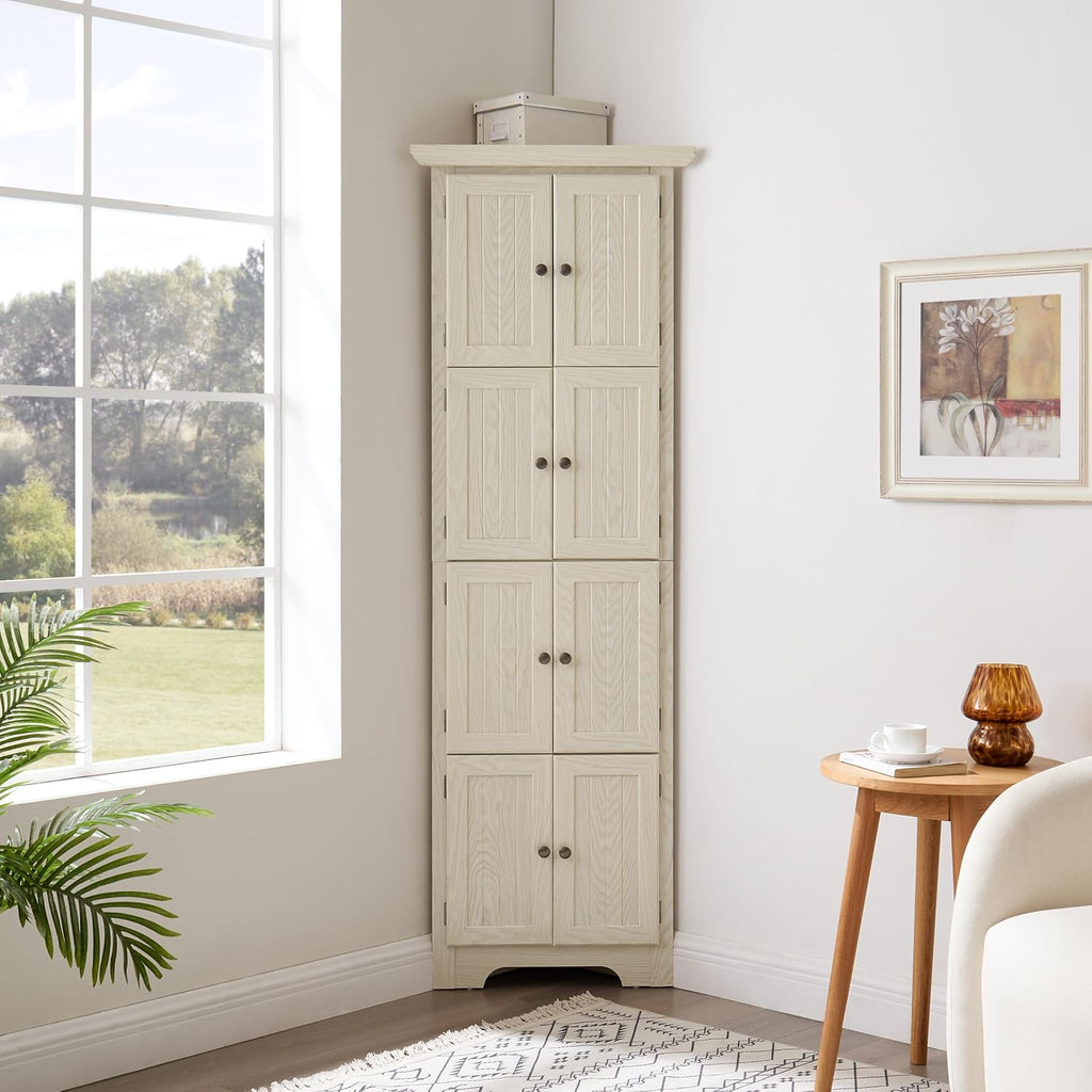 72' Sturdy Freestanding Storage Cabinet, Kitchen Storage Bakers Rack with Tiered Shelves, Utility Food Cupboard with Spacious Doors for Kitchen, Bathroom, Living Room, White
