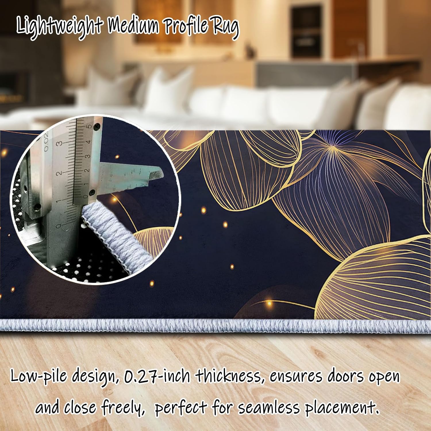 Washable Non-Slip Area Rug Resistant, Artistic Gold Line Orchid Theme for of Living Room Bedroom Kids Room, Nursery, Office, Kitchen, Multicolor 6 x 8 ft Carpet Pet & Child Friendly