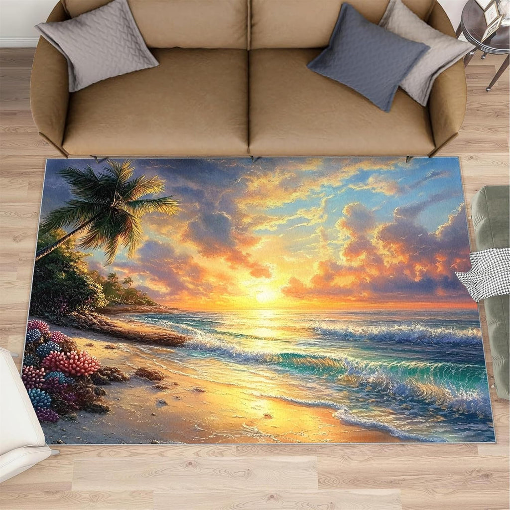 Beach Rug 6x8, Scenery Rugs for Living Room, Oil Painting Beach Area Rug, Washable Rugs for Bedroom, Kitchen Dining Room Decor Carpet