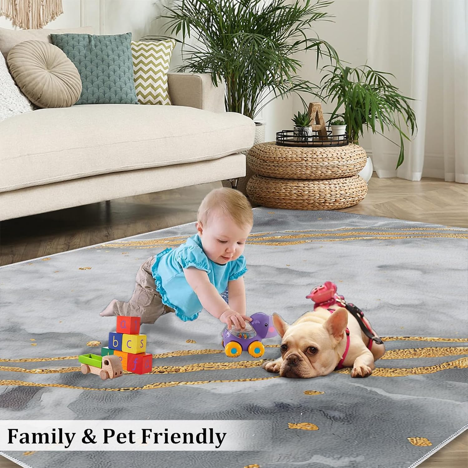 Marble Grey Area Rug, Nordic Abstract Gold Rugs for Living Room, Indoor Non-Slip Kids Rugs, Machine Washable Breathable Durable Carpet for Front Entrance Floor Decor,6 x 8ft
