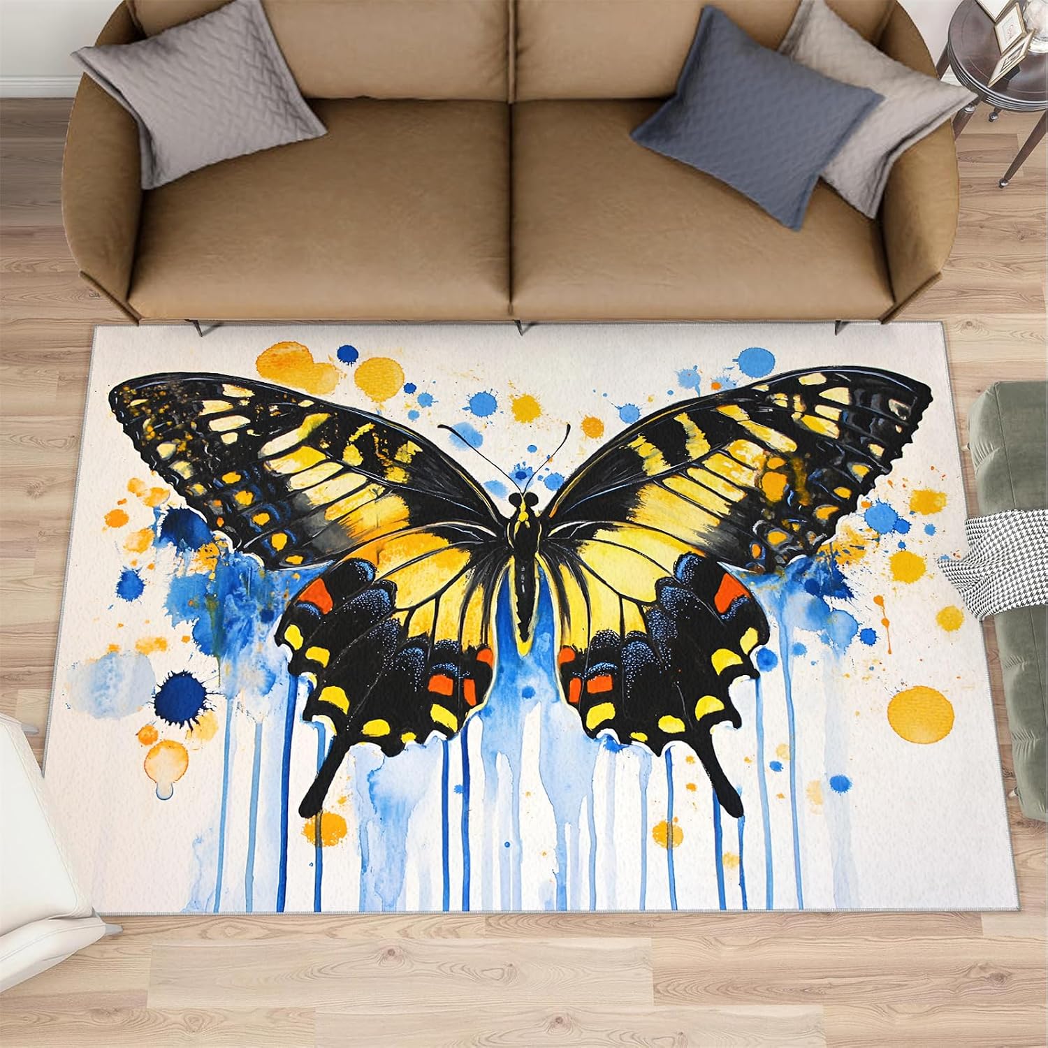 Butterfly Area Rug Large - 6x8 Rug, Moth Rugs for Living Room, Watercolor Carpet, Animal Washable Area Rugs for Bedroom, Kids Carpet, Butterfly Home Decor