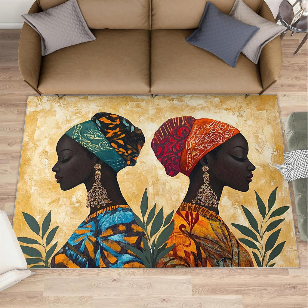 Black Women Area Rug 6x8, African Women Rugs for Living Room, Retro Ethnic Bedroom Rug, Machine Washable Rugs for Sofa Kitchen Dining, Non-Slip Home Decor Carpet