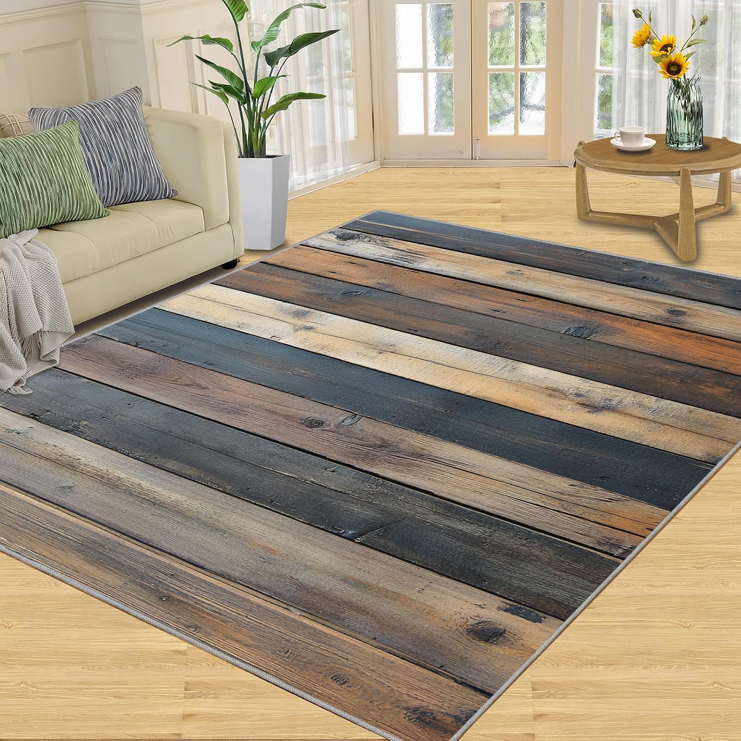 Board Rug 6x8, Imitation Wood Rugs for Bedroom, Retro Farmhouse Rugs for Living Room, Washable Area Rug for Boys Girls Bedroom, Low Pile & Non Slip Carpet