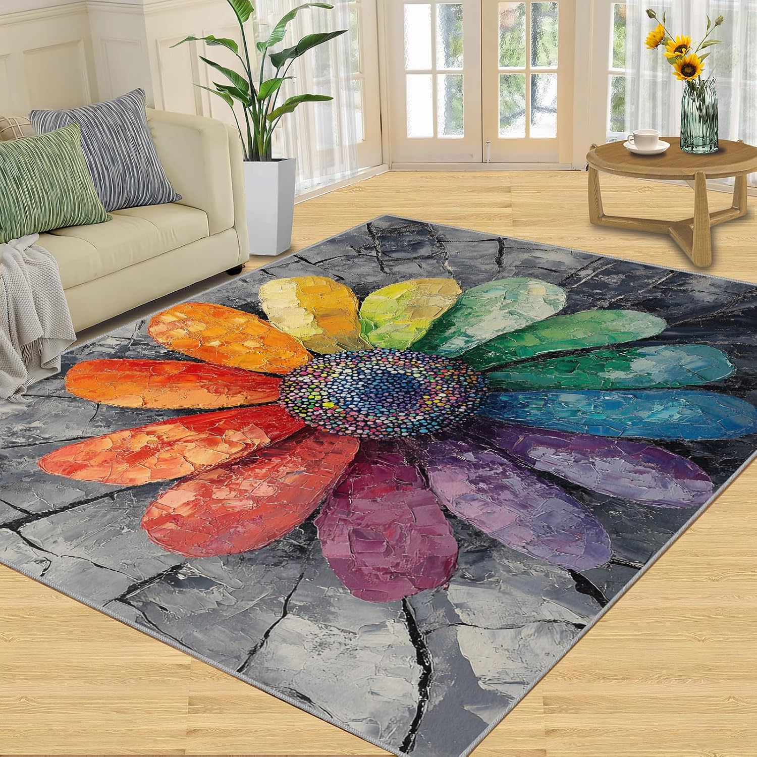 Colorful Flowers Rug 6x8, Sunflower Area Rug, Distressed Flowers Rugs for Living Room, Decor Rugs for Bedroom, Low Pile Non Slip Carpet