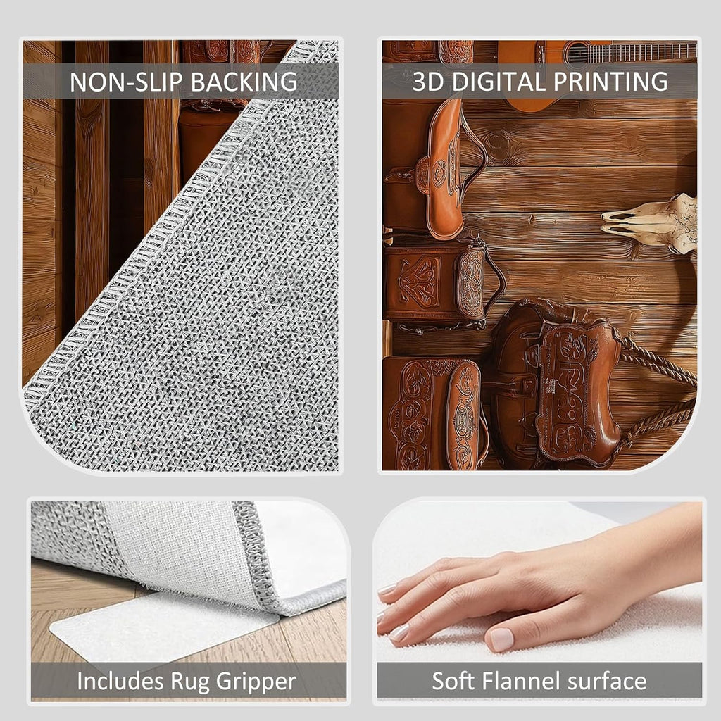 Machine Washable Area Rug 5 x 8 ft for Living Room, Retro Style Non-Slip Carpet Bedroom Rugs - Western Cowboy Guitar Low-Pile Print Carpets for Bedroom Home Office Dining Room