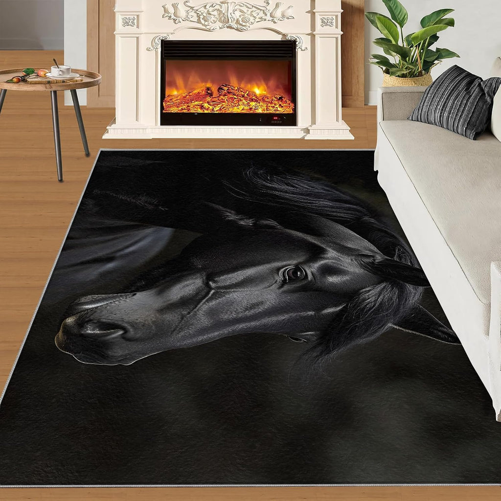 Dark Horse Rugs for Bedroom, Handsome Horse Area Rug, Low Pile Home Decor Carpet for Living Room Study Office Kitchen Dining Room Floor Mat 6x8