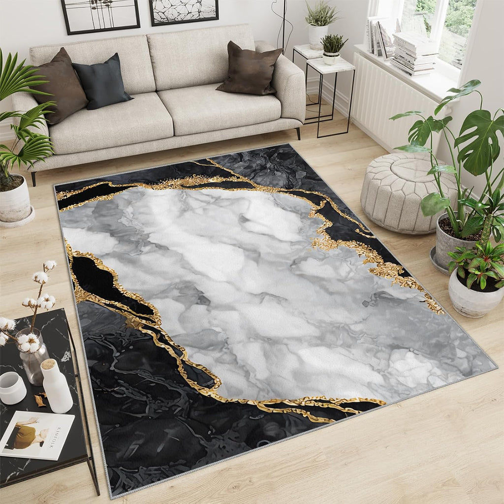 Nordic Luxury Black Gold White Area Rug, Abstract Marble Rugs for Living Room, Indoor Non-Slip Kids Rugs, Machine Washable Breathable Durable Carpet for Front Entrance Floor Decor,6 x 8ft