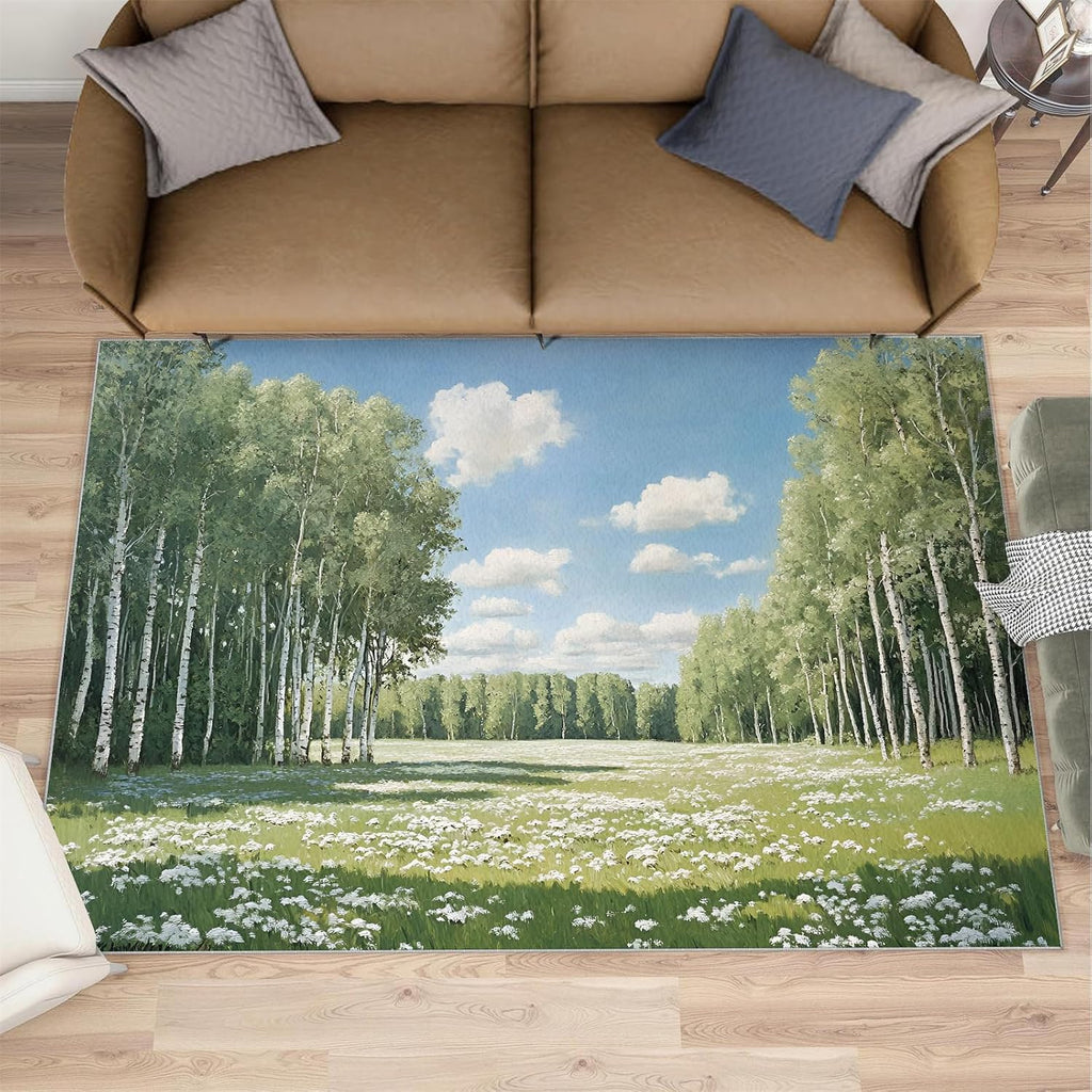 Forest Rug 6x8, Birch Tree Area Rug, Natural Landscape Rugs for Living Room, Washable Rugs for Bedroom, Non Slip Low Pile Floor Mats