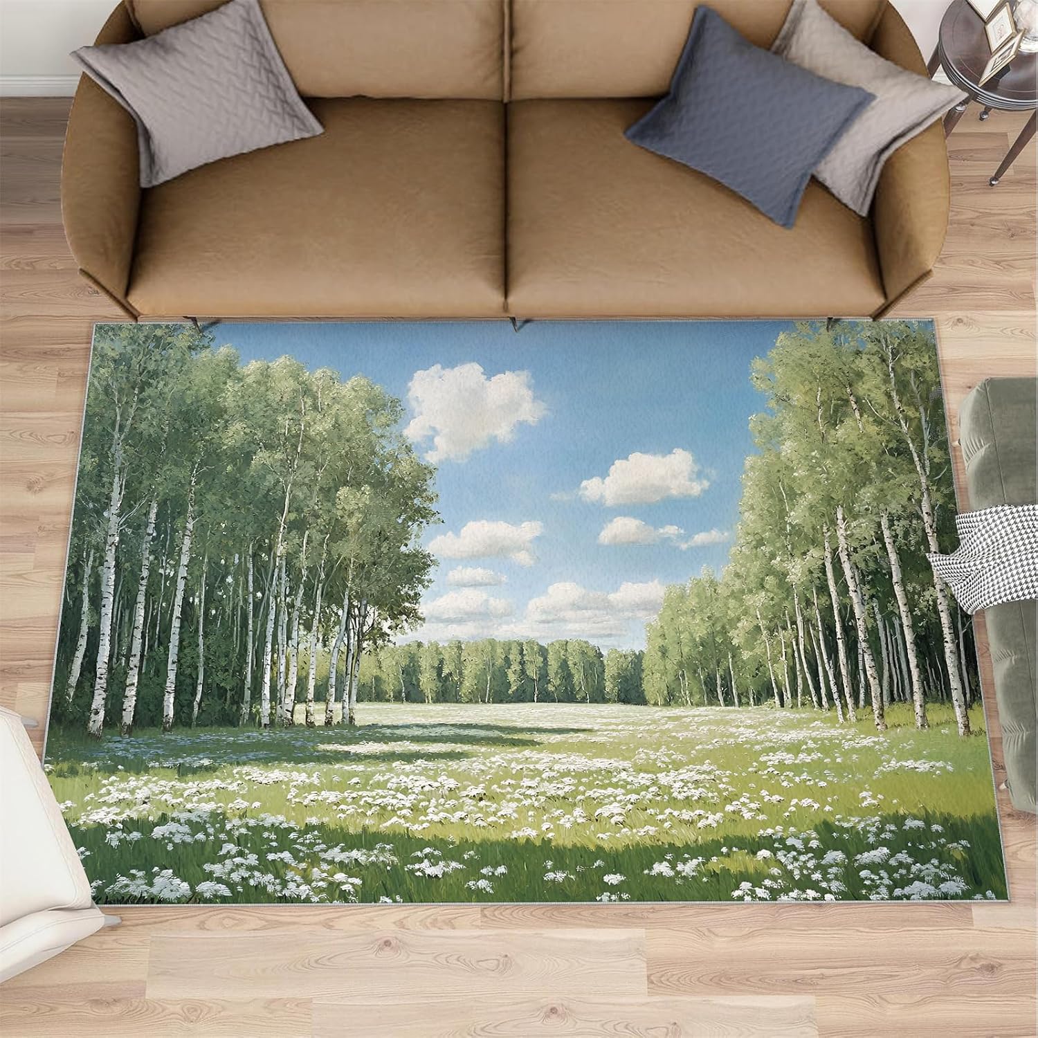 Forest Rug 6x8, Birch Tree Area Rug, Natural Landscape Rugs for Living Room, Washable Rugs for Bedroom, Non Slip Low Pile Floor Mats