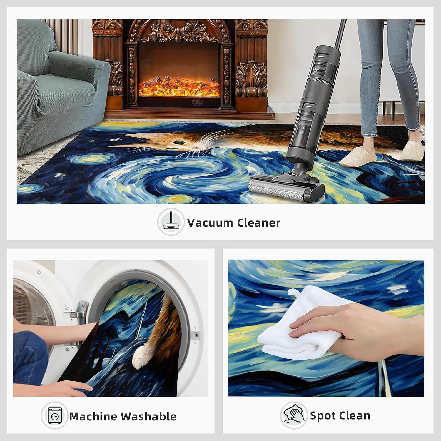 6x8 Area Rug - Starry Sky Cat Large Rugs for Living Room, Post-Impressionist Art Painting Carpet Area Rug for Girls Bedroom Kids Room Basement Office Classroom