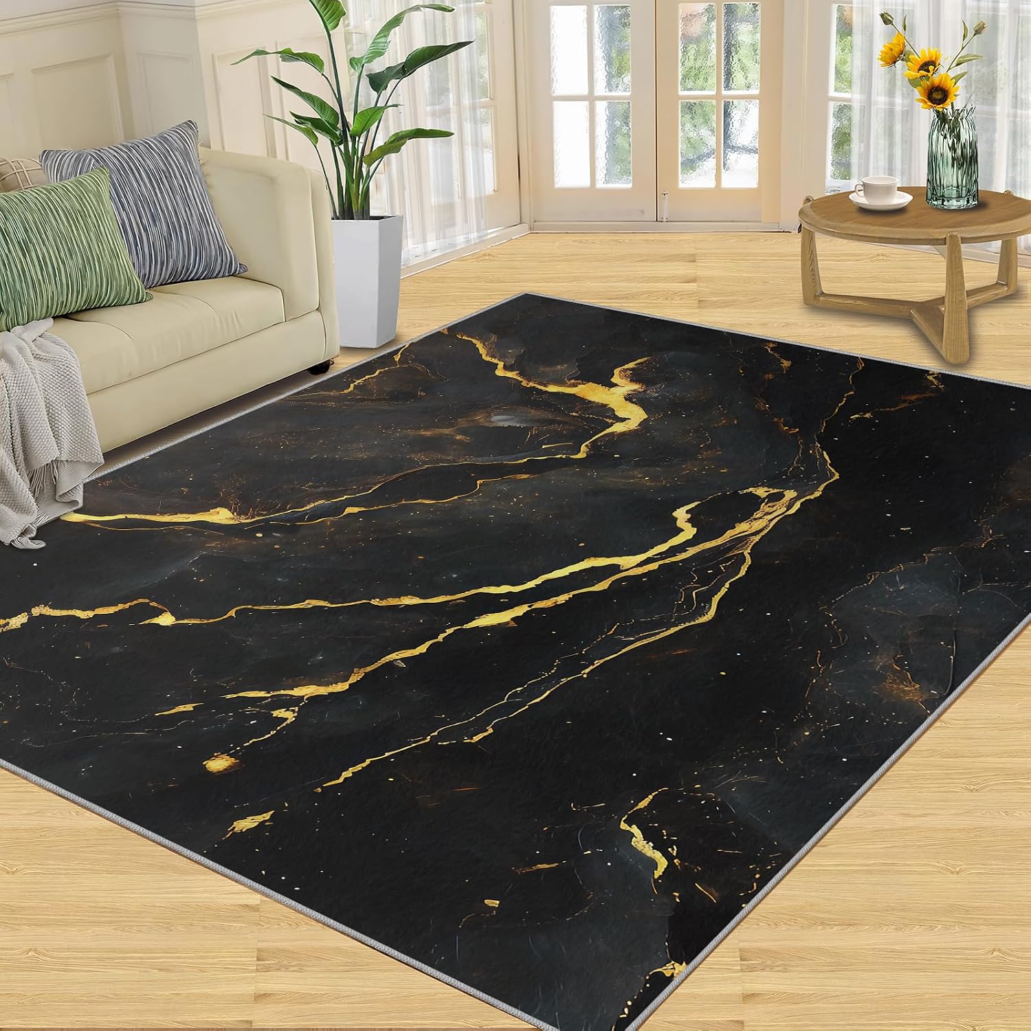 Black Marble Area Rug, Modern Abstract Fashion Gold Rugs for Living Room, Easy Clean Carpet Washable Indoor Non-Slip Rug for Boys and Girls Nursery Bed Living Room Carpets Nursery Decor,6 x 8ft