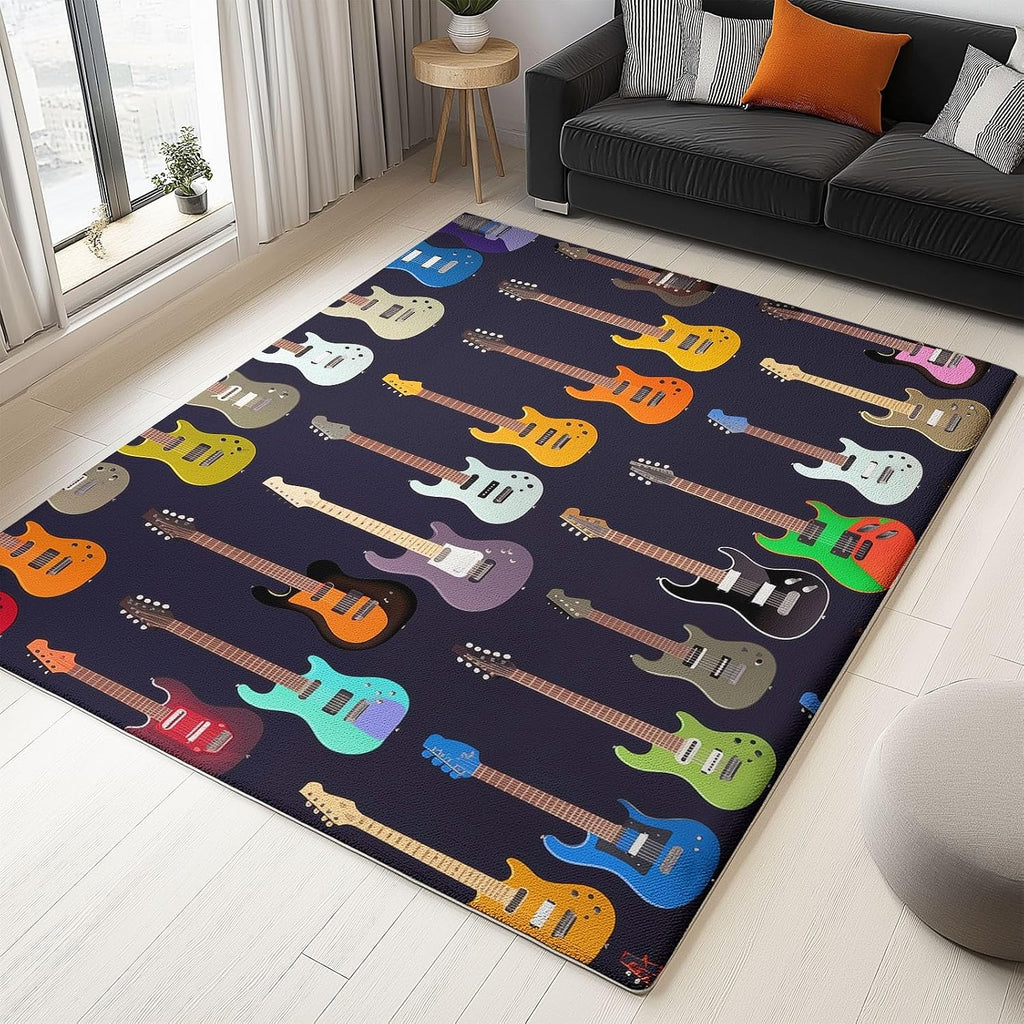 Area Rug Cartoon Color Guitar 6x9 ft Washable Rugs, Soft Non-Slip Faux Wool Rug for Living Room, Bedroom, Farmhouse, Dining Room, Office, Home Decor Carpet