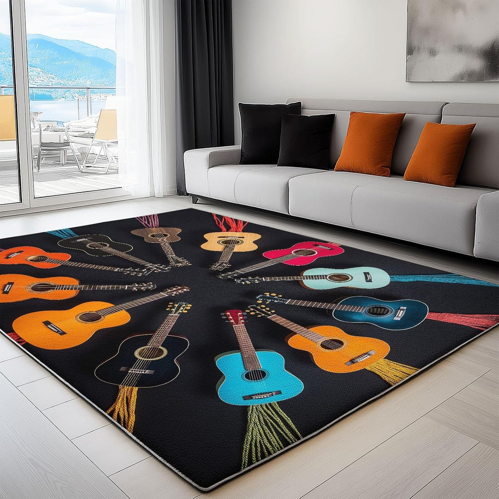 Area Rug 6x9 ft Washable Living Room Rug, Music Instrument Guitar Color Soft Indoor Non Slip Low Pile Large Area Rug, Carpet for Bedroom, Bedside, Kids Room, Office, Dining Room