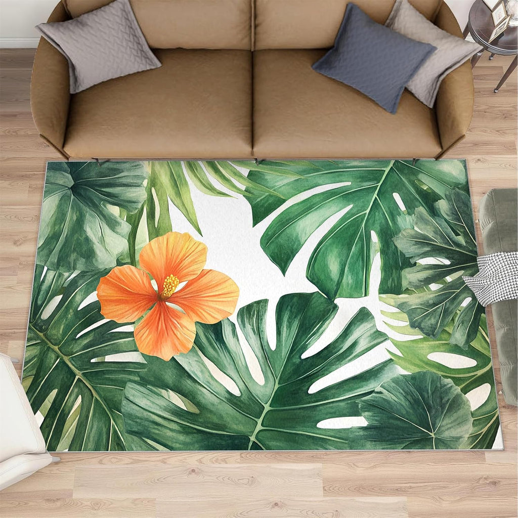 Hibiscus Rug 6x8-6x8 Rug, Tropical Monstera Area Rugs for Living Room Bedroom, Floral Botanical Area Rugs, Modern Washable Carpet, Aesthetic Carpet, Floral Home Decor