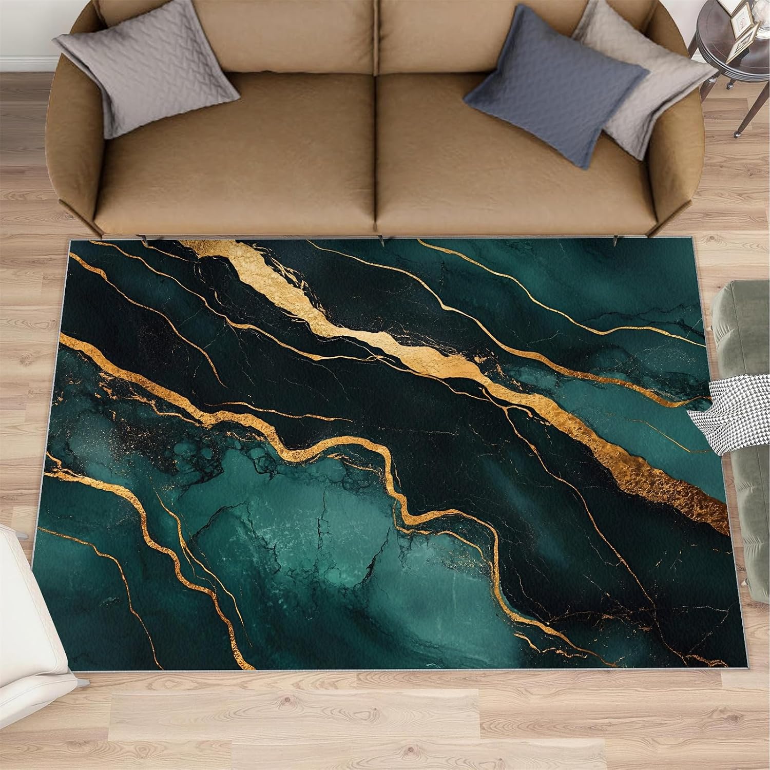 Emerald Green Marble Rug 6x8-6x8 Rug, Emerald Green Gold Area Rugs for Bedroom, Abstract Texture Rugs for Living Room, Luxury Washable Carpet, Marble Home Decor & Gifts