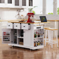 Kitchen Storage Island on Wheels with 2 Bar Stools, Rolling Drop Leaf Kitchen Island Cart with Power Outlet, Open Side Racks, Door Shelves and Towel Bar, 53-Inch, White
