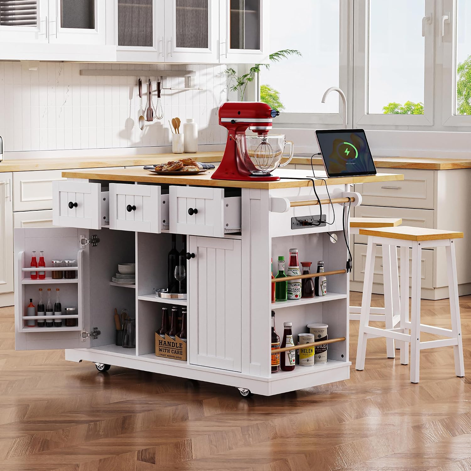 Kitchen Storage Island on Wheels with 2 Bar Stools, Rolling Drop Leaf Kitchen Island Cart with Power Outlet, Open Side Racks, Door Shelves and Towel Bar, 53-Inch, White